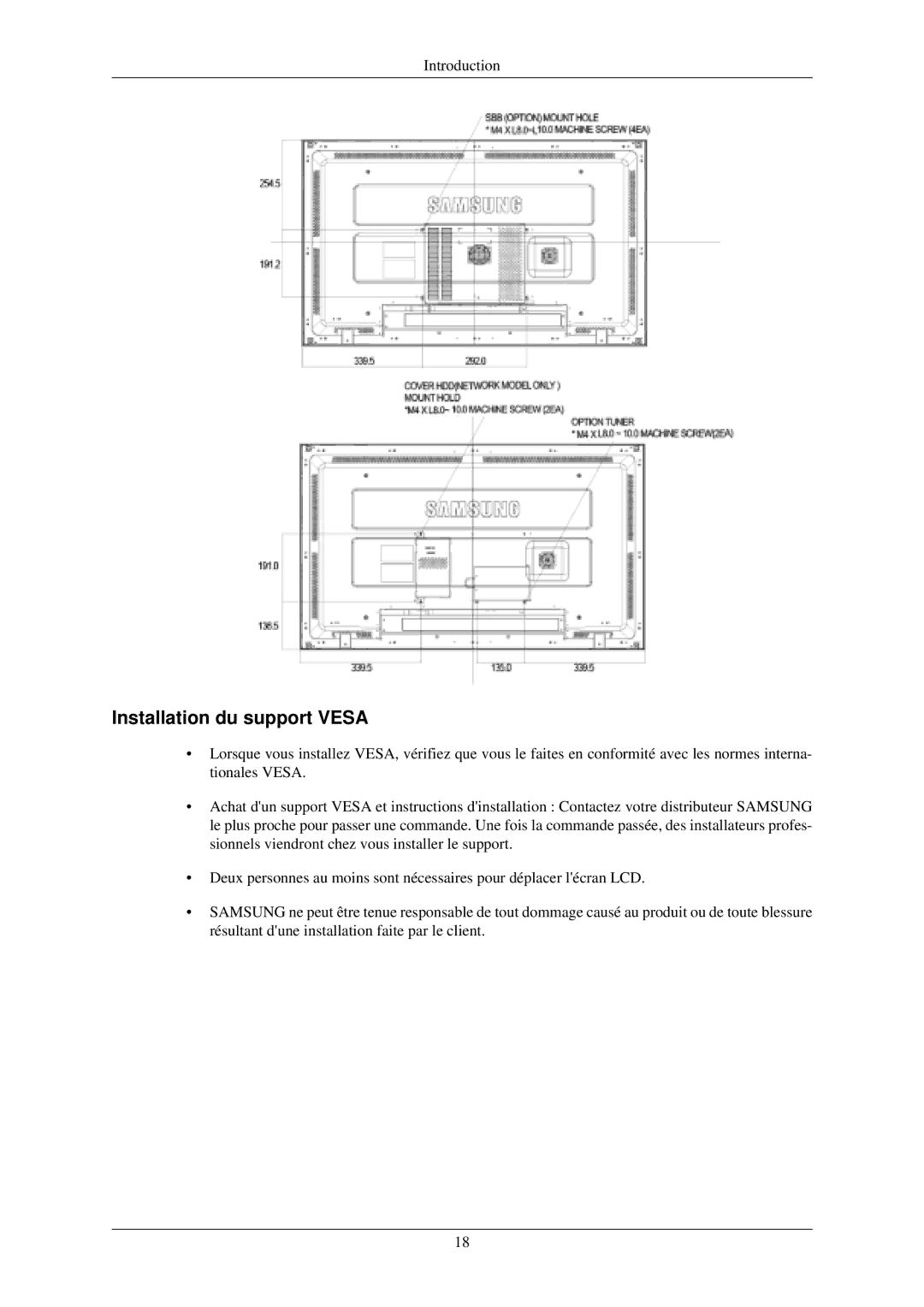 Samsung LH40MGFLBC/EN, LH40MGZLBC/EN manual Installation du support Vesa 