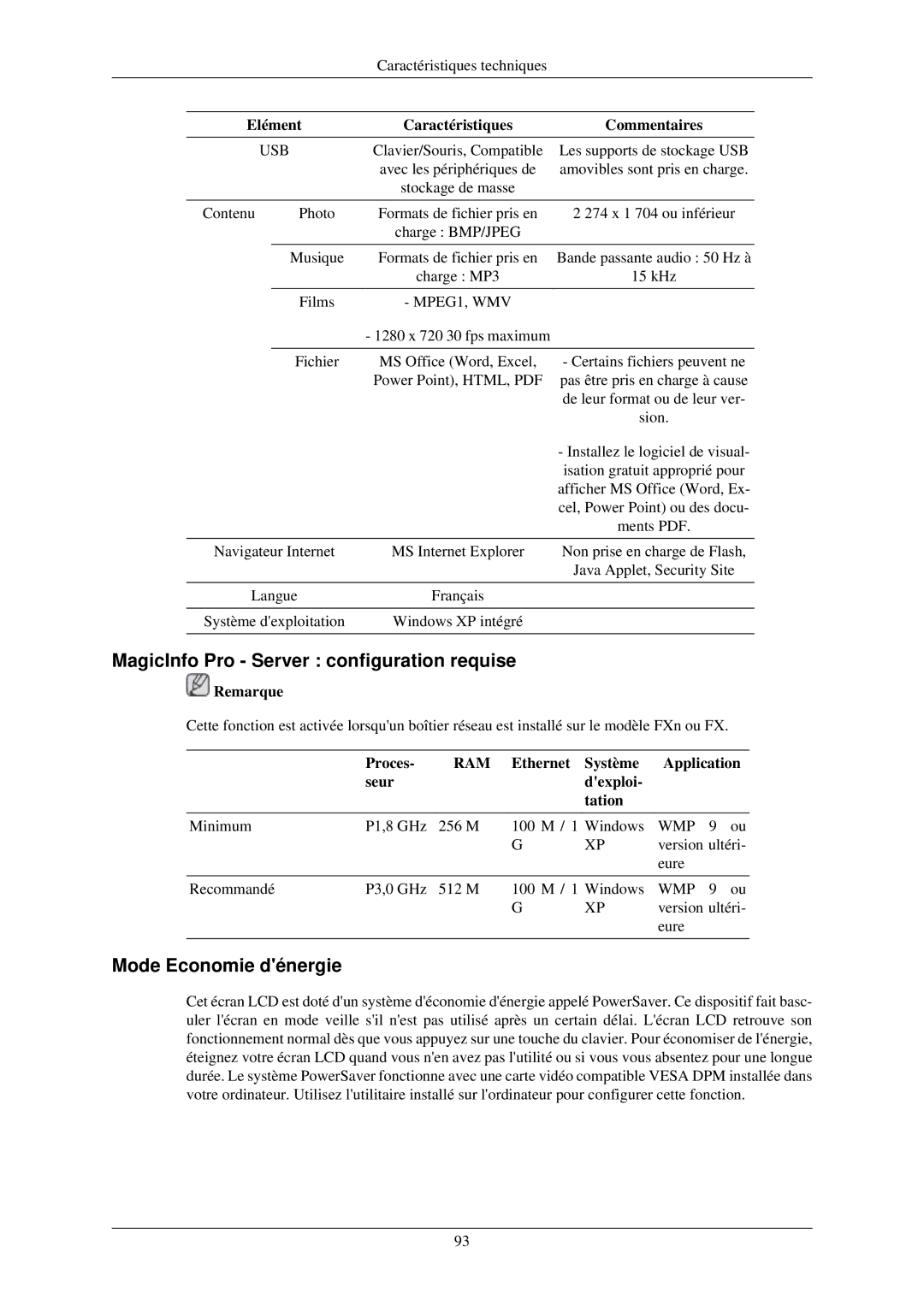 Samsung LH40MGFLBC/EN, LH40MGZLBC/EN manual MagicInfo Pro Server configuration requise, Mode Economie dénergie, Proces 