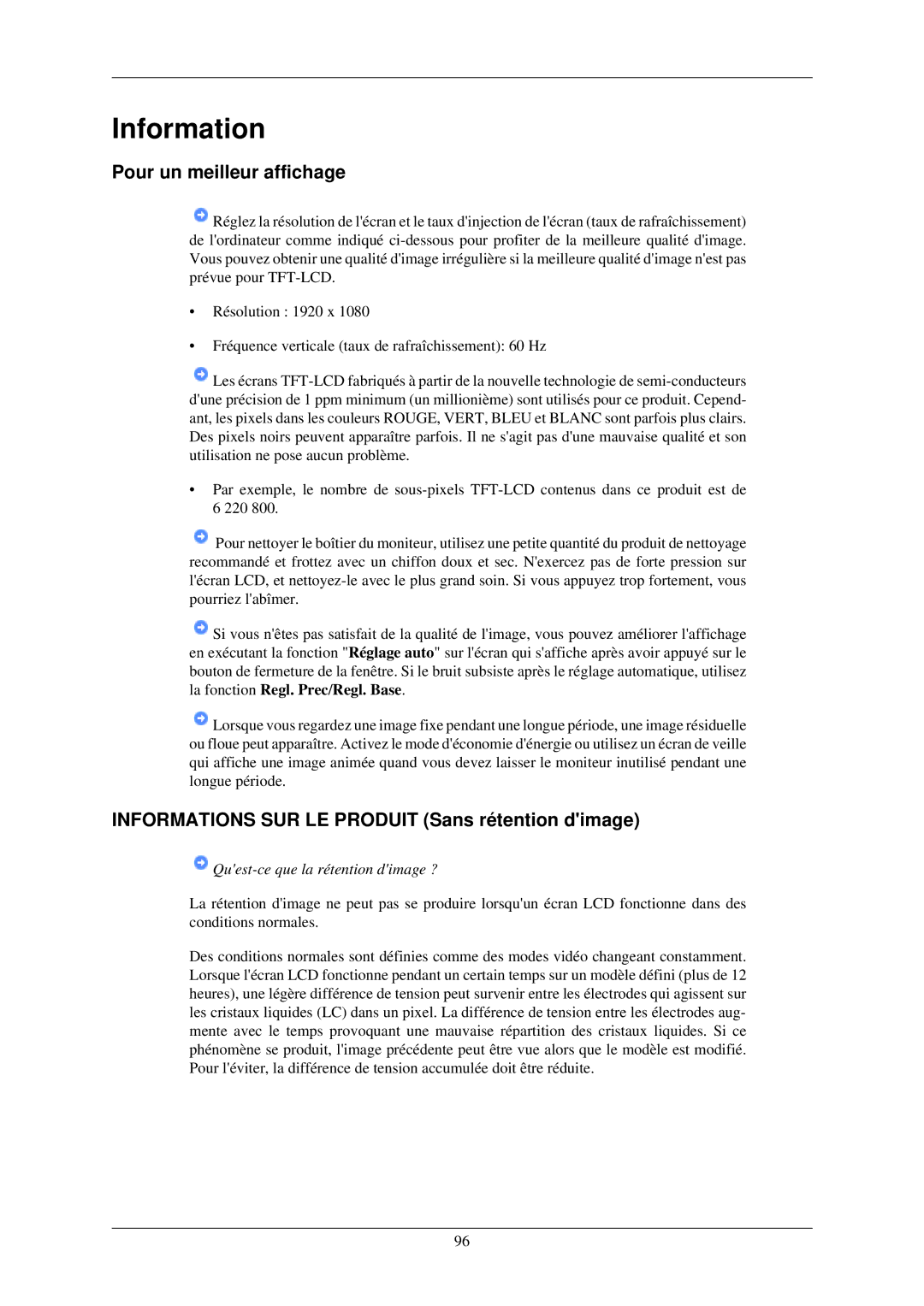 Samsung LH40MGZLBC/EN, LH40MGFLBC/EN manual Pour un meilleur affichage, Informations SUR LE Produit Sans rétention dimage 