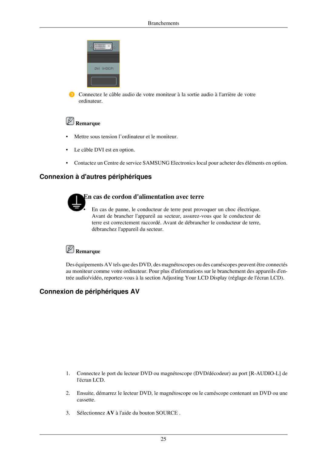 Samsung LH40MGZLBC/EN, LH40MGFLBC/EN manual Connexion à dautres périphériques, Connexion de périphériques AV 