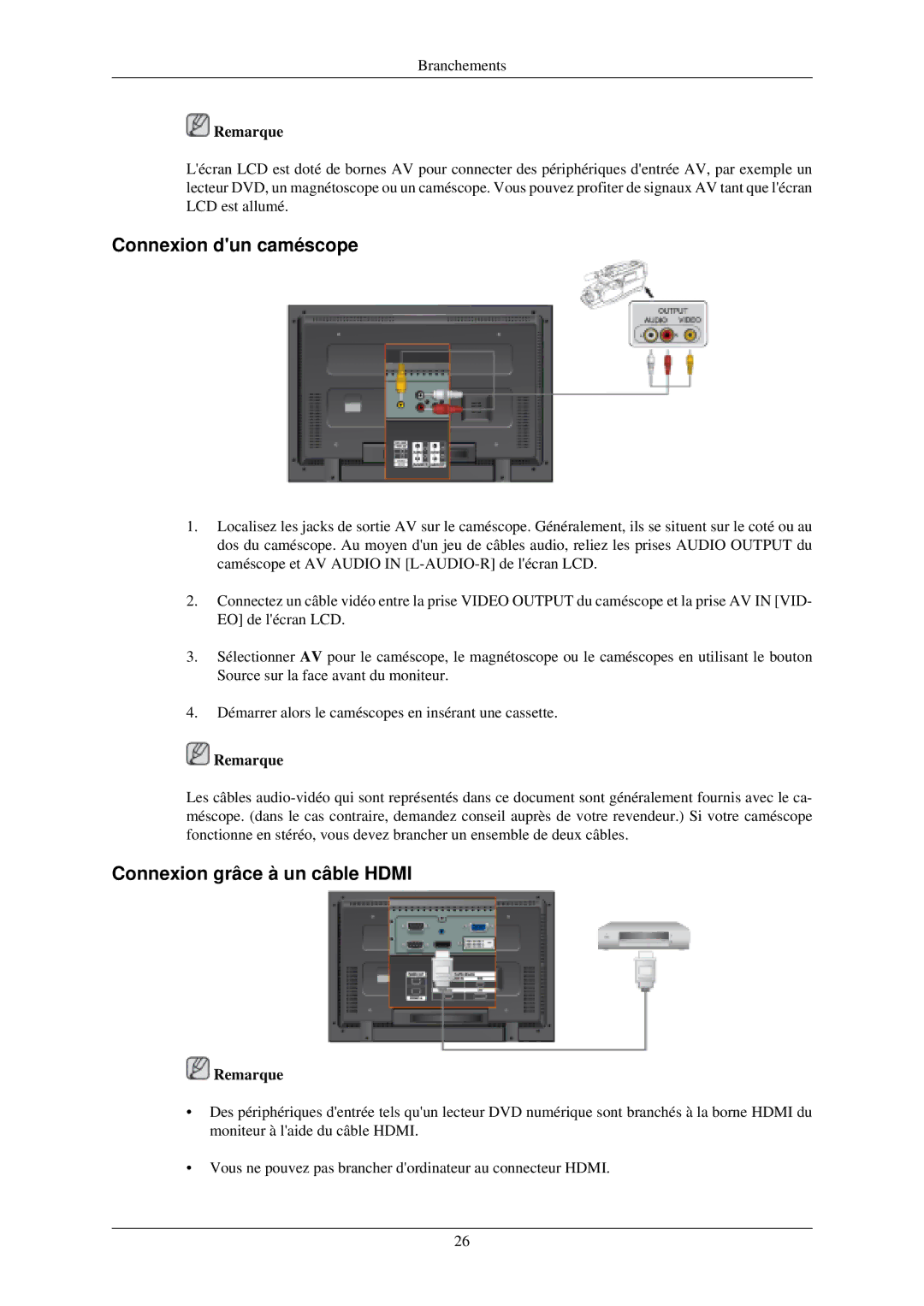 Samsung LH40MGFLBC/EN, LH40MGZLBC/EN manual Connexion dun caméscope, Connexion grâce à un câble Hdmi 