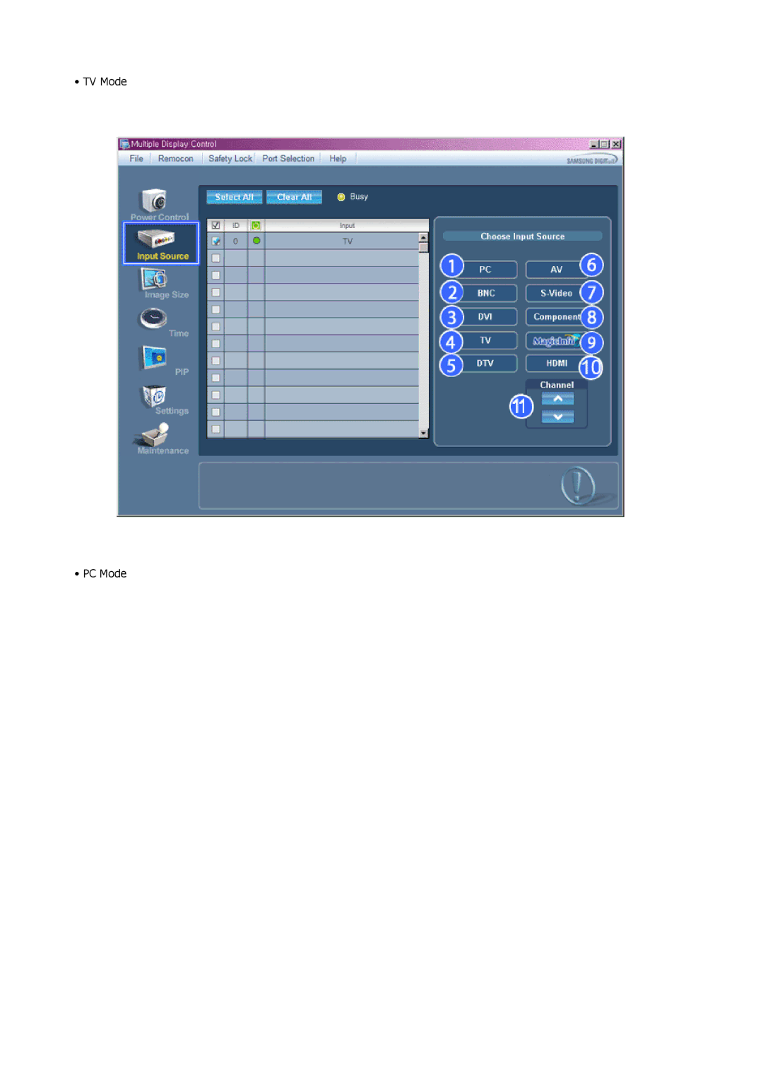 Samsung LH40MRPLBF/EN, LH40MRTLBC/EN, LH46MRTLBC/EN, LH46MSTLBB/EN manual TV Mode PC Mode 