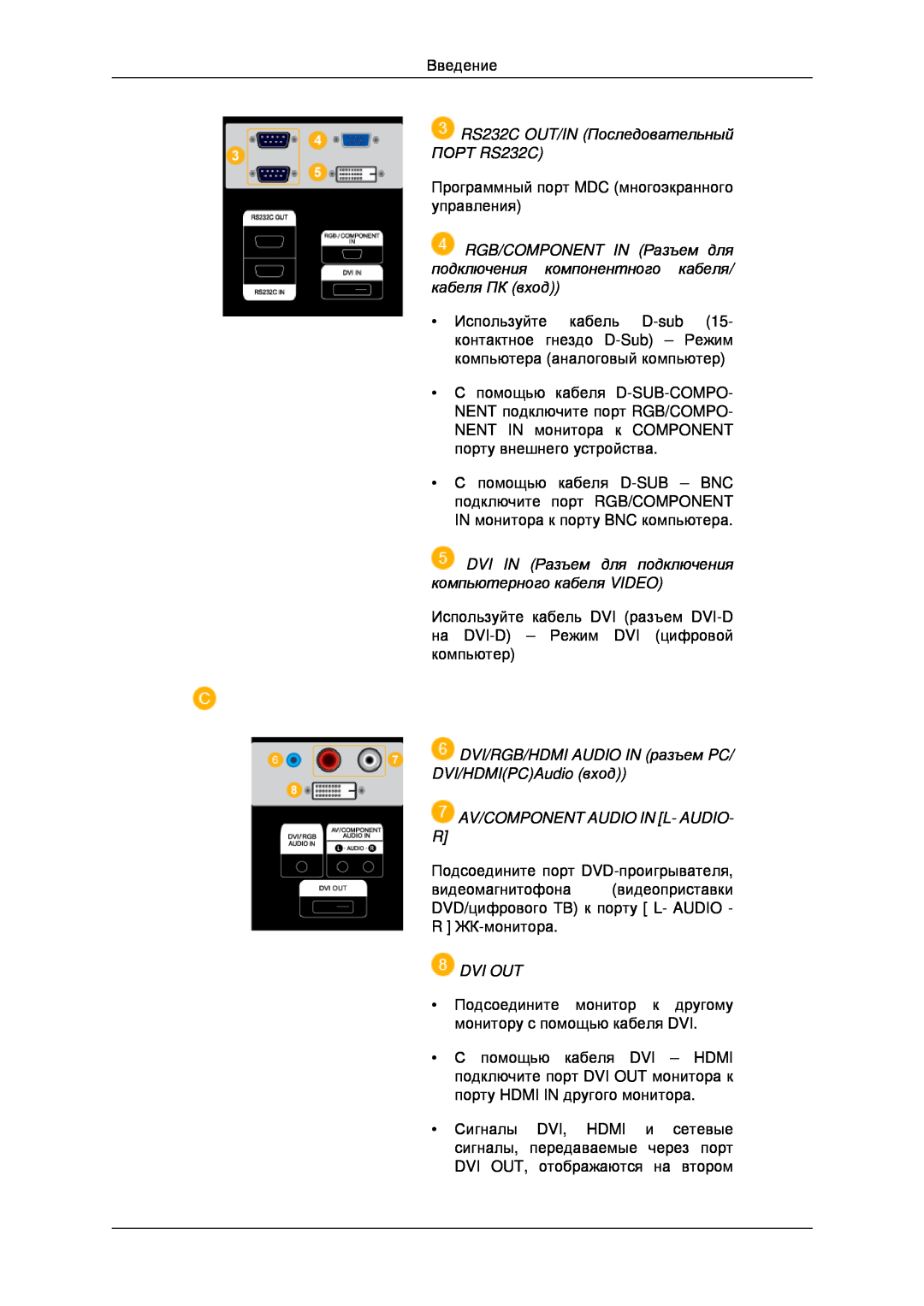 Samsung LH46MSTLBB/EN RS232C OUT/IN Последовательный ПОРТ RS232C, DVI IN Разъем для подключения компьютерного кабеля VIDEO 