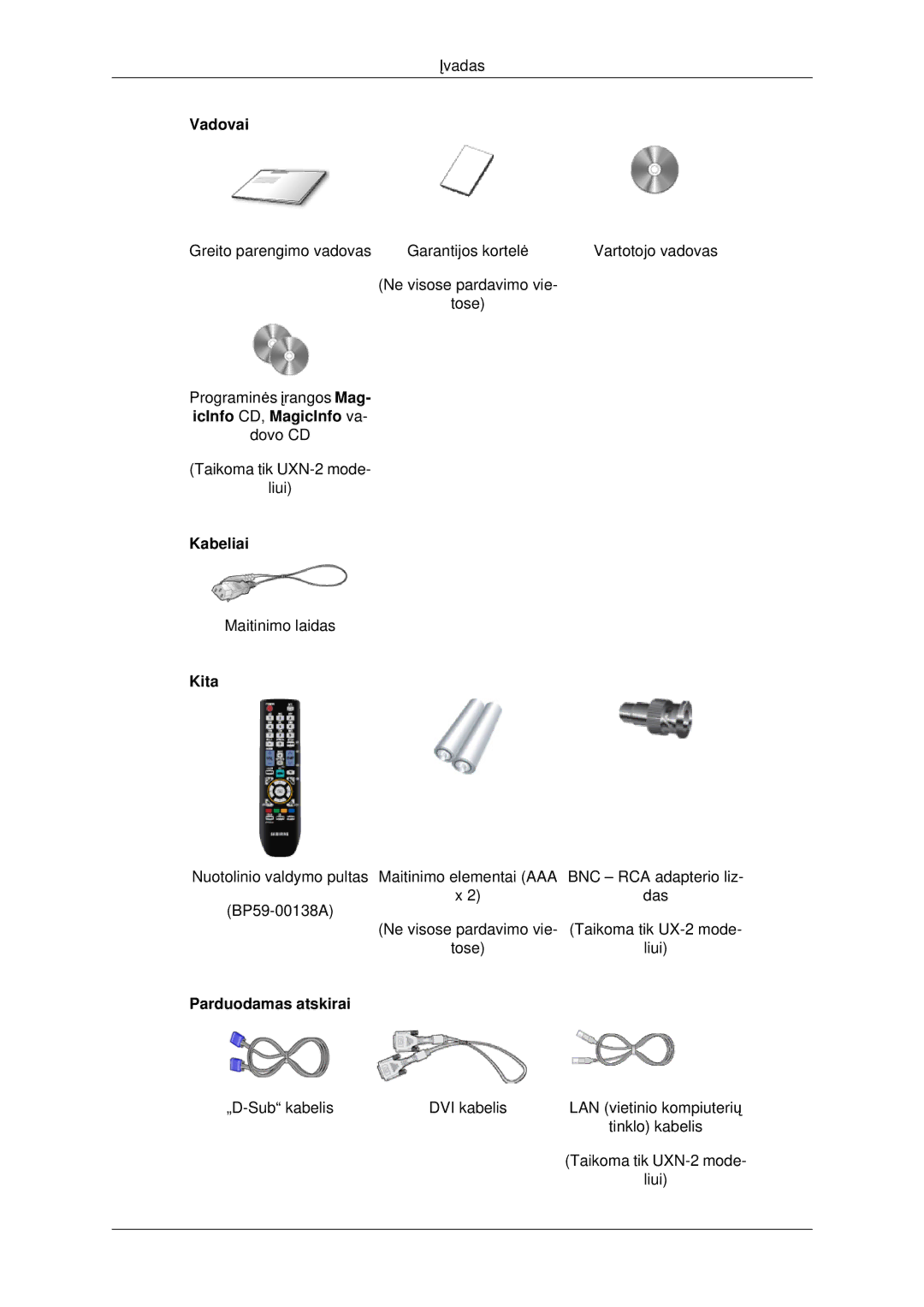 Samsung LH46MRTLBC/EN, LH40MRTLBC/EN, LH40MRPLBF/EN manual Vadovai, Kabeliai, Kita, Parduodamas atskirai 