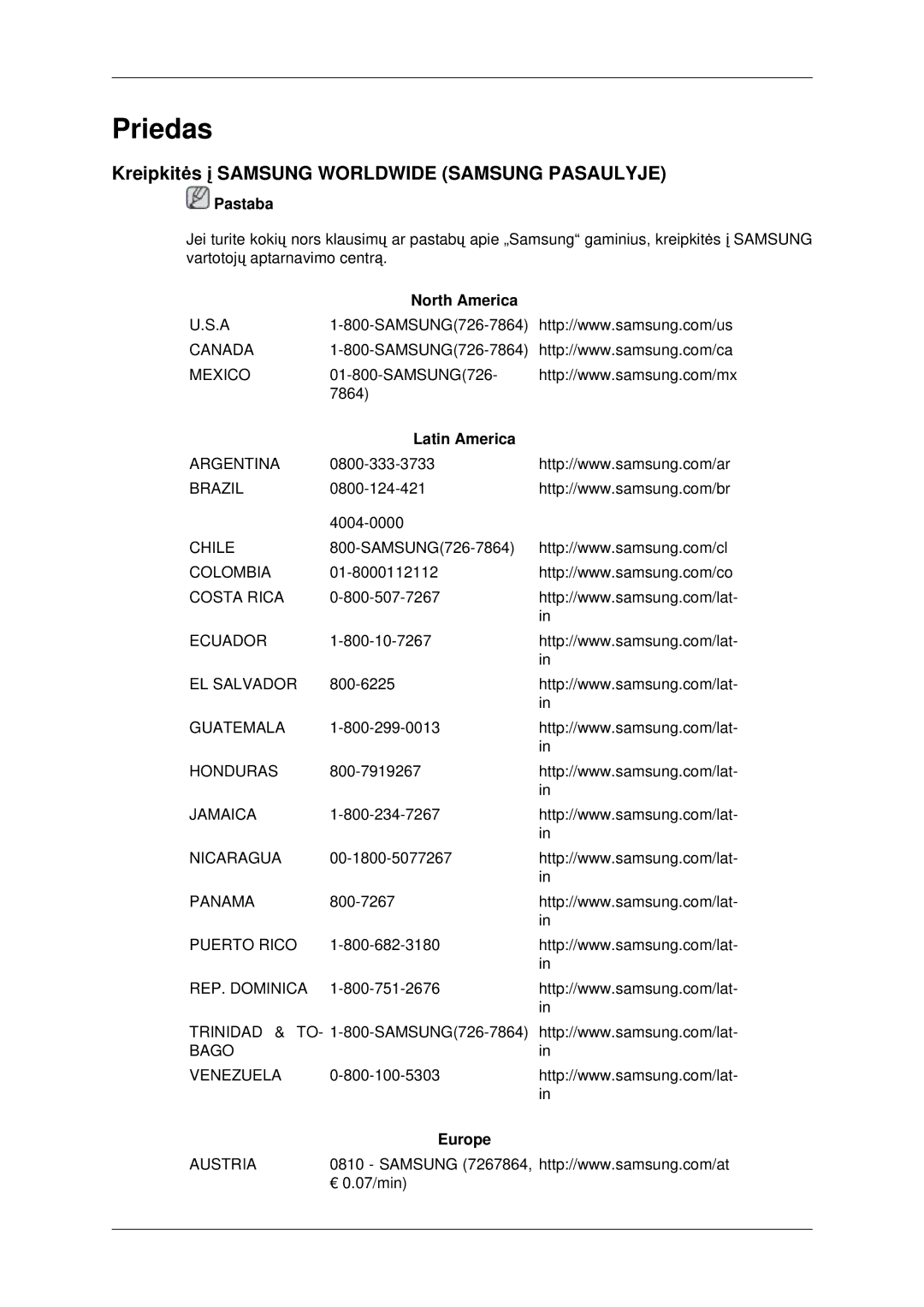 Samsung LH46MRTLBC/EN manual Kreipkitės į Samsung Worldwide Samsung Pasaulyje, North America, Latin America, Europe 