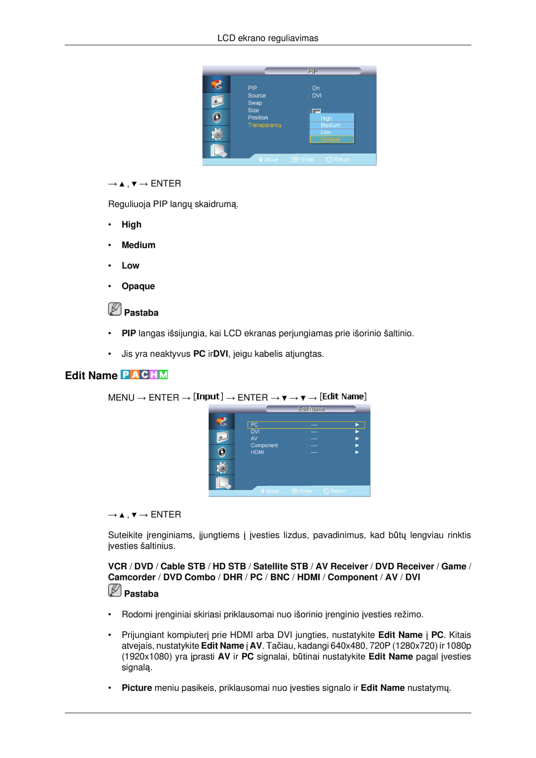 Samsung LH40MRPLBF/EN, LH40MRTLBC/EN, LH46MRTLBC/EN manual Edit Name, High Medium Low Opaque Pastaba 