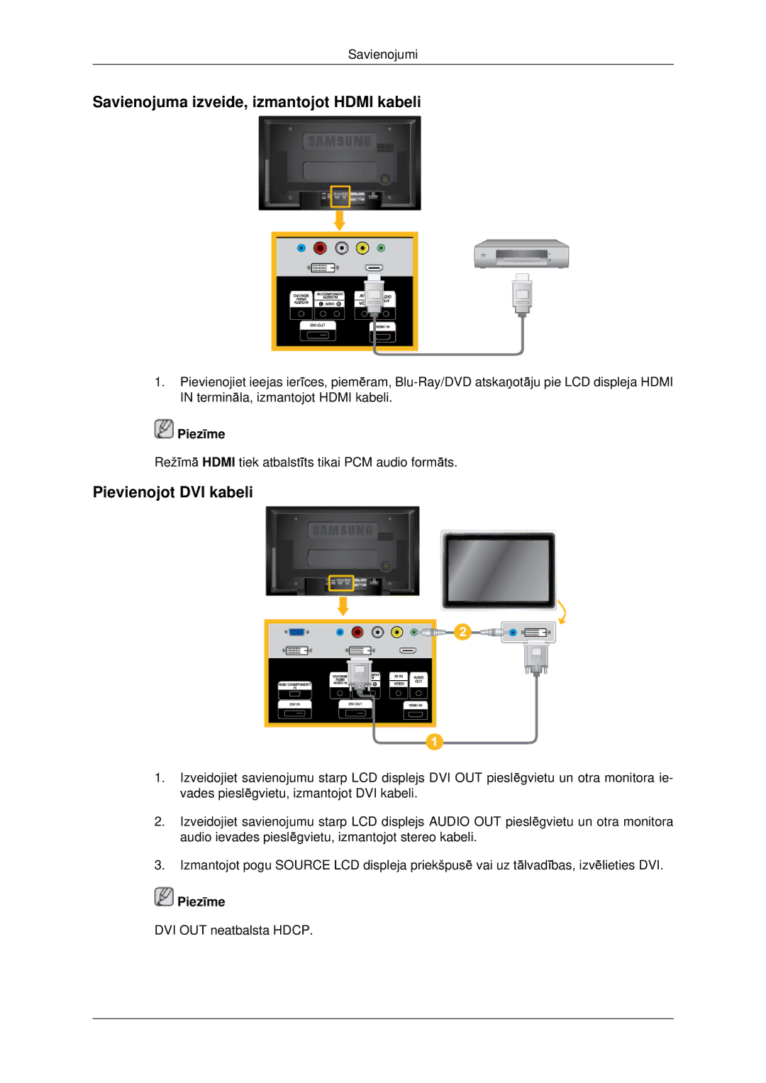 Samsung LH40MRTLBC/EN, LH40MRPLBF/EN, LH46MRTLBC/EN Savienojuma izveide, izmantojot Hdmi kabeli, Pievienojot DVI kabeli 