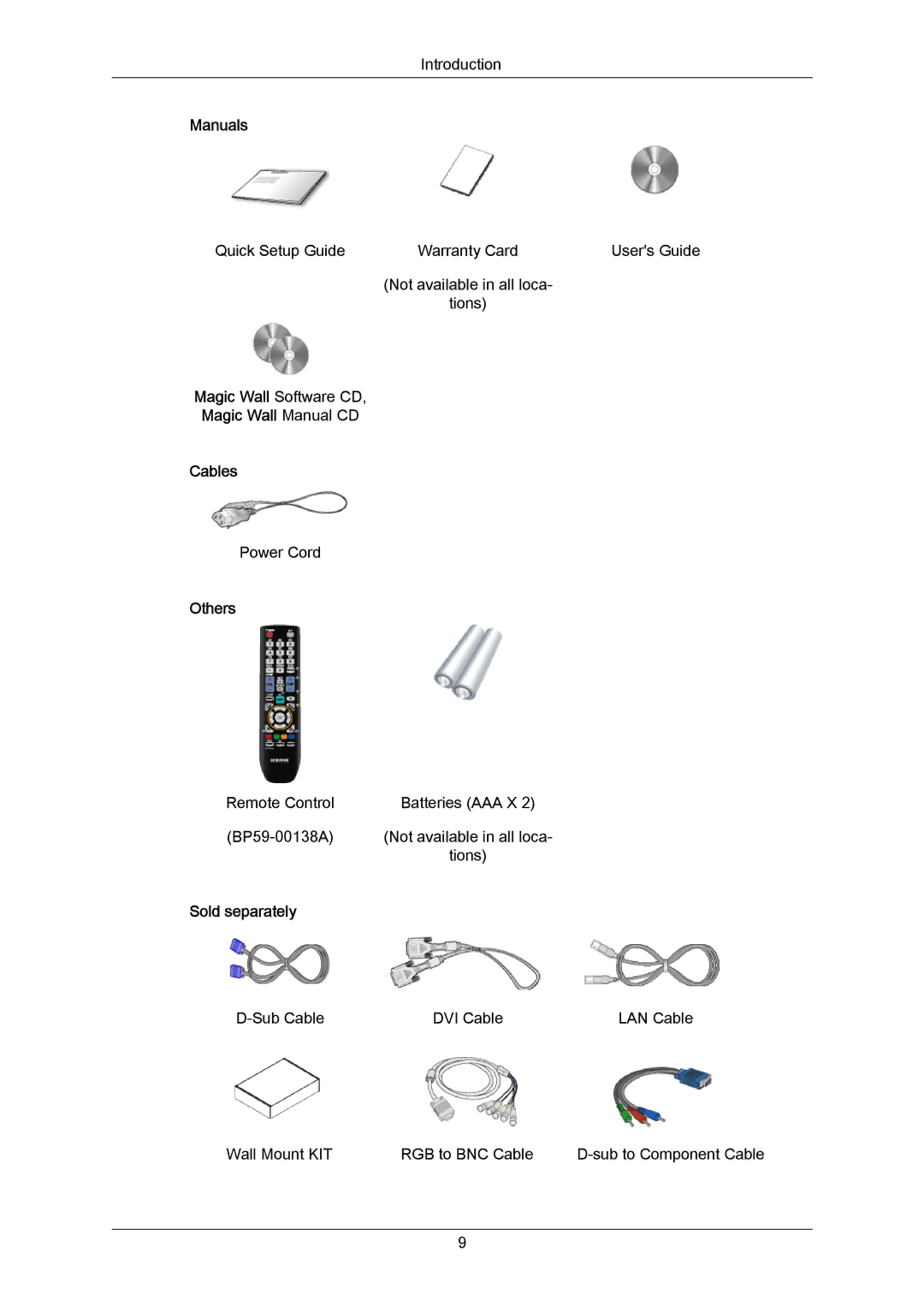 Samsung LH40MRTLBC/EN, LH40MRTLBN/EN manual Manuals, Magic Wall Manual CD Cables, Others, Sold separately 