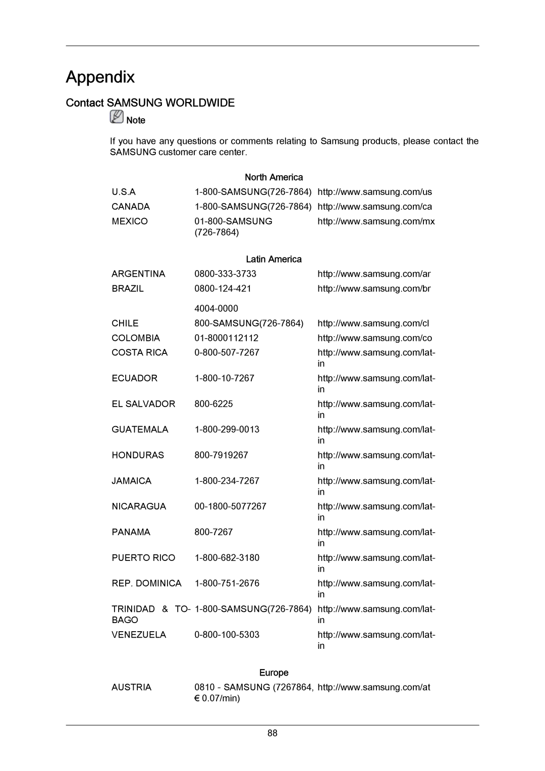 Samsung LH40MRTLBN/EN, LH40MRTLBC/EN manual Contact Samsung Worldwide, North America, Latin America, Europe 