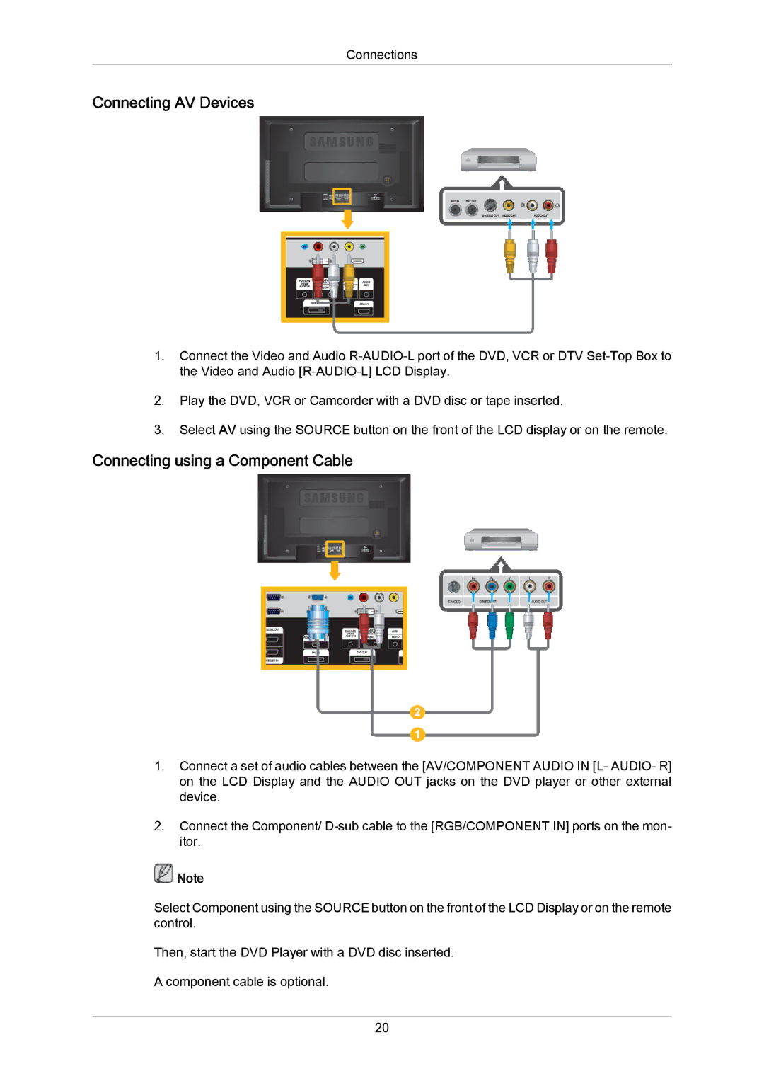 Samsung LH40MRTLBN/EN, LH40MRTLBC/EN manual Connecting AV Devices, Connecting using a Component Cable 