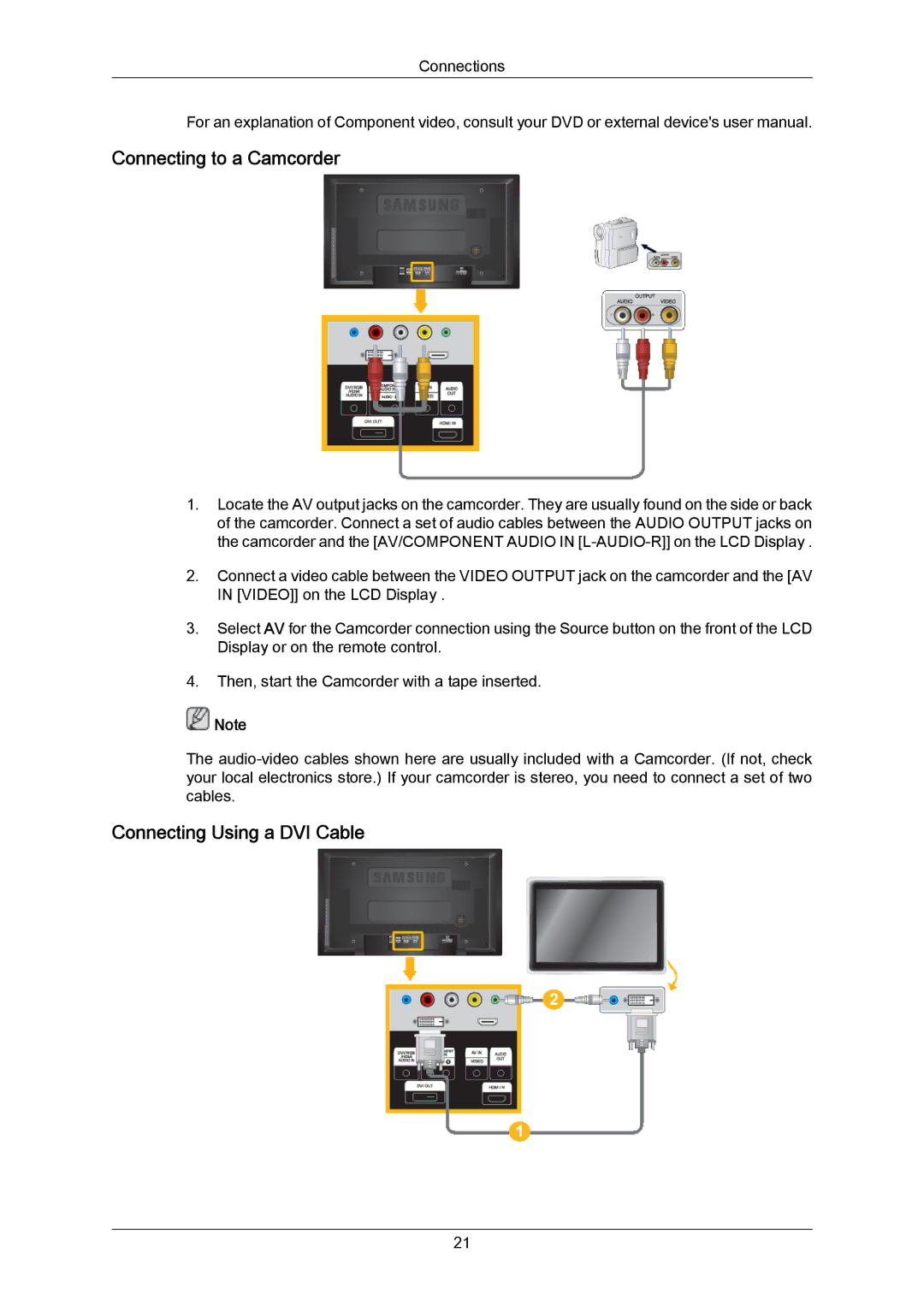 Samsung LH40MRTLBC/EN, LH40MRTLBN/EN manual Connecting to a Camcorder, Connecting Using a DVI Cable 