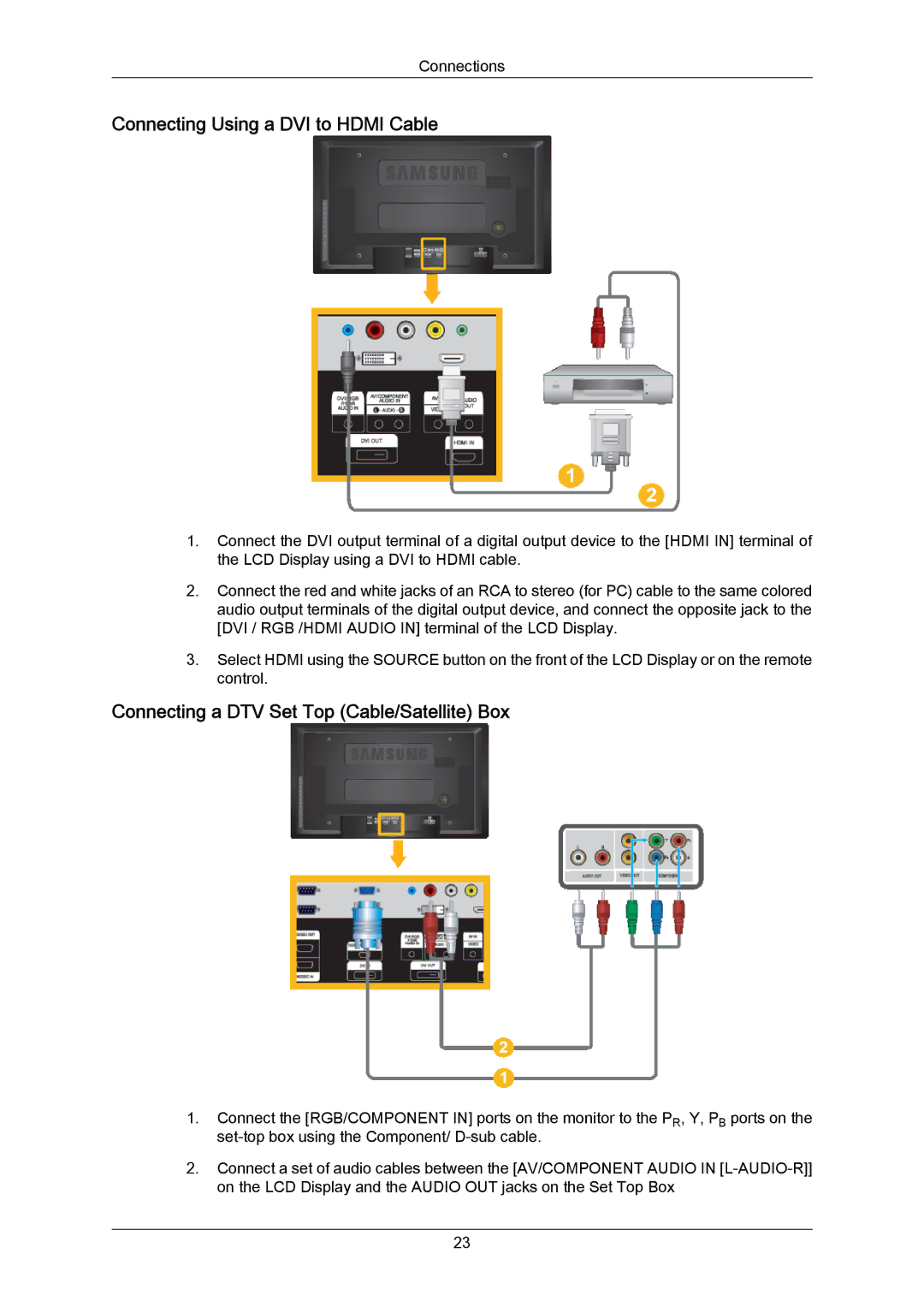 Samsung LH40MRTLBC/EN, LH40MRTLBN/EN Connecting Using a DVI to Hdmi Cable, Connecting a DTV Set Top Cable/Satellite Box 