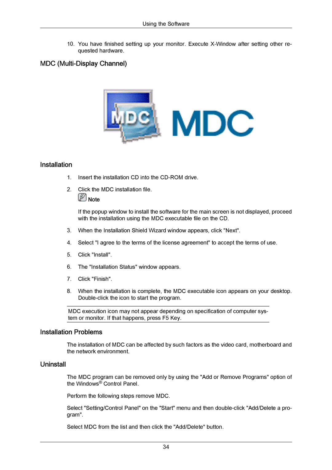 Samsung LH40MRTLBN/EN, LH40MRTLBC/EN manual MDC Multi-Display Channel Installation, Installation Problems, Uninstall 