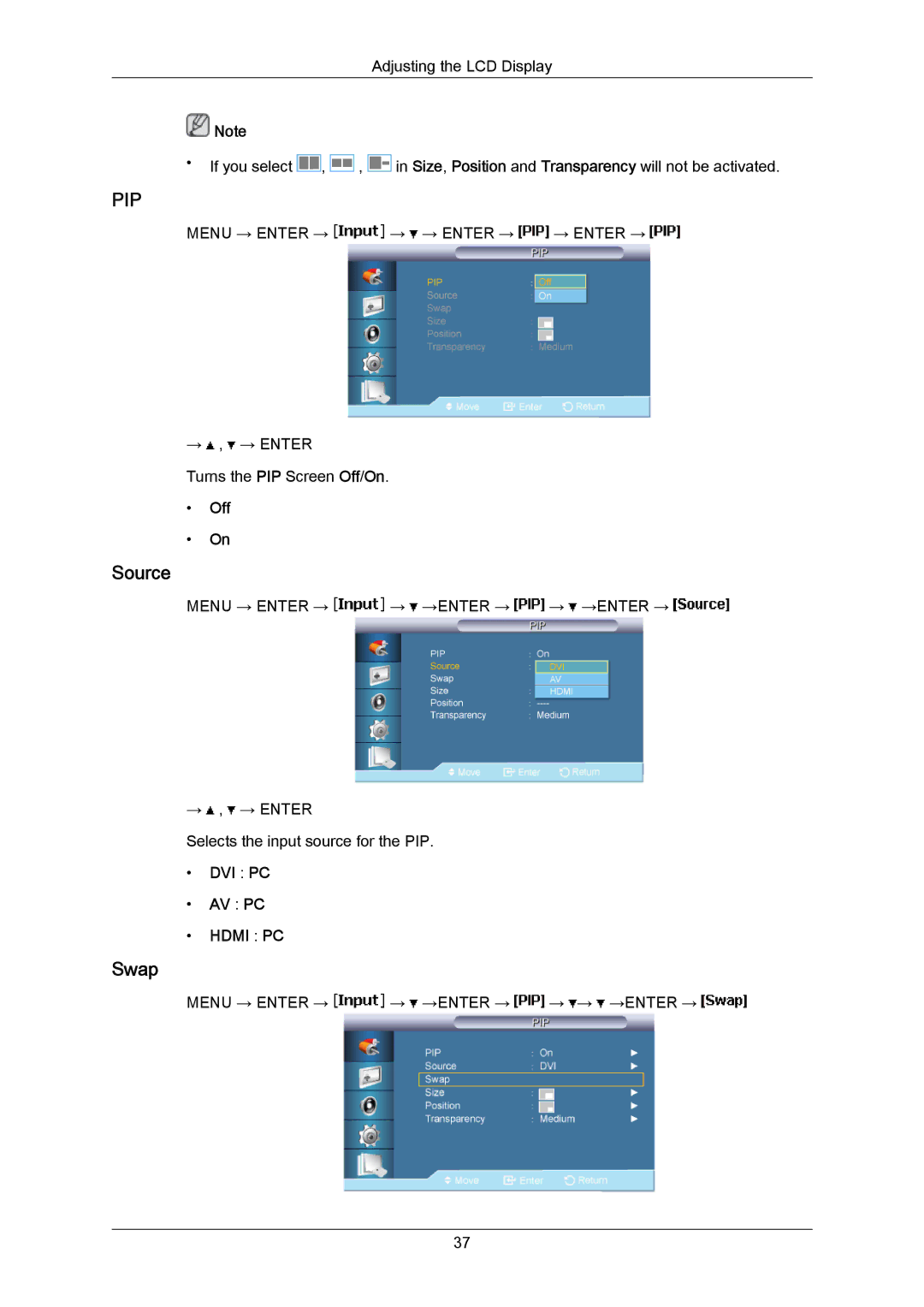 Samsung LH40MRTLBC/EN, LH40MRTLBN/EN manual Source, Swap, Off, Dvi Pc Av Pc 