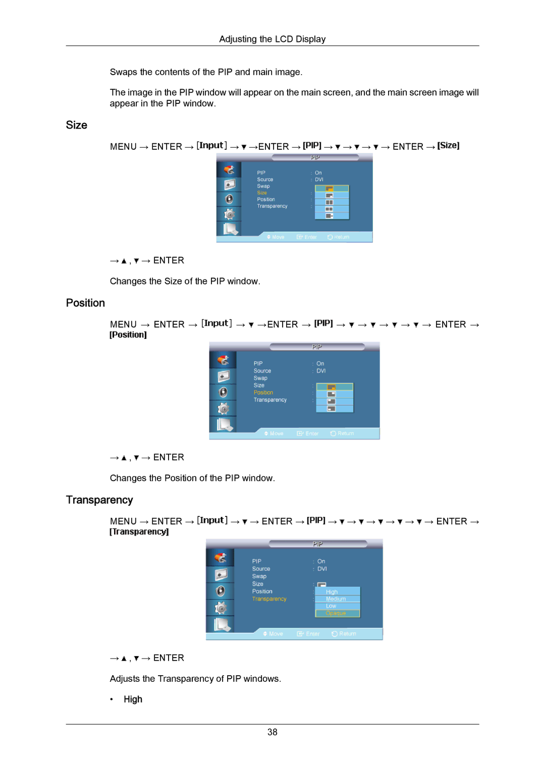 Samsung LH40MRTLBN/EN, LH40MRTLBC/EN manual Size, Position, Transparency, High 