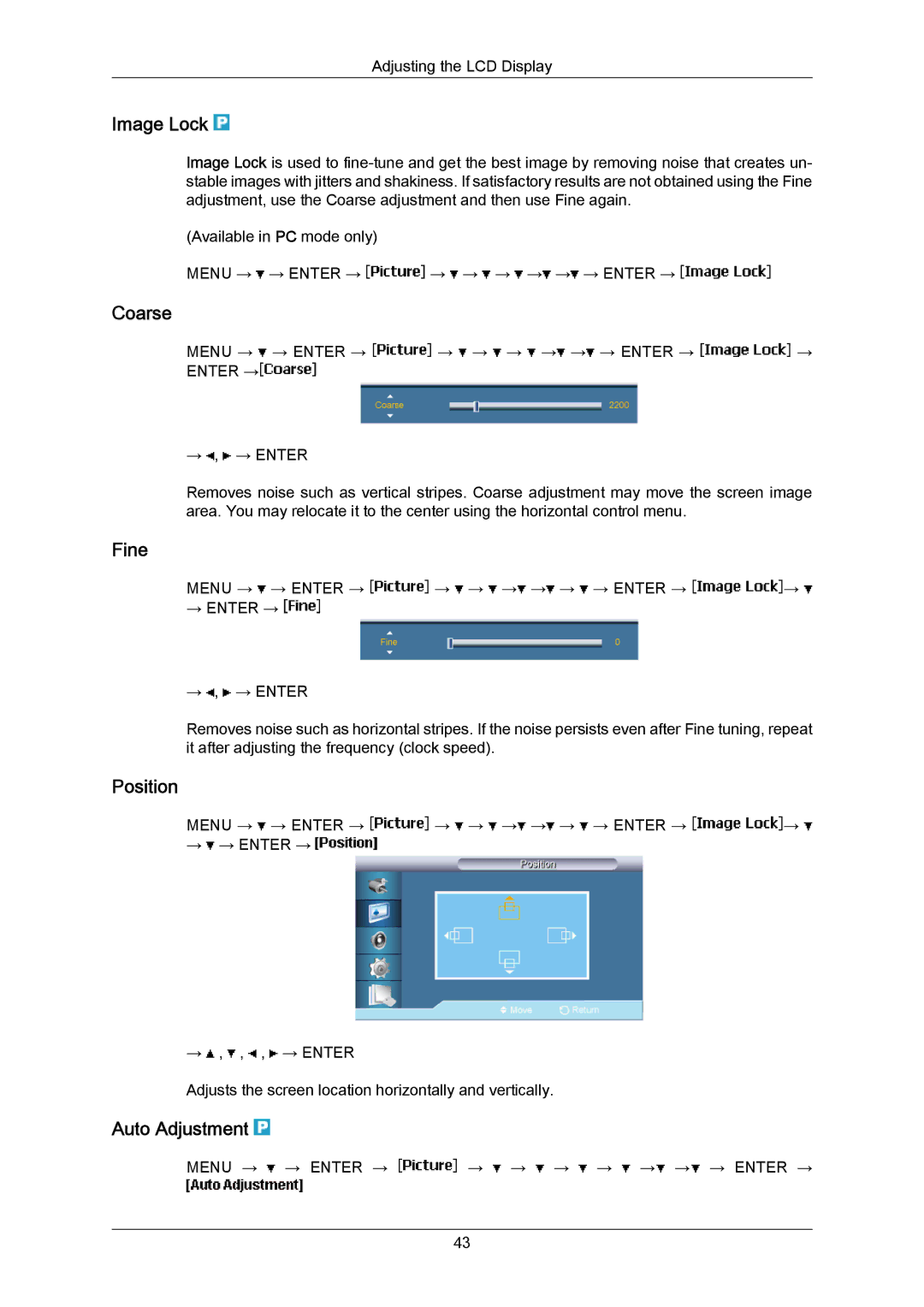 Samsung LH40MRTLBC/EN, LH40MRTLBN/EN manual Image Lock, Coarse, Fine, Auto Adjustment 