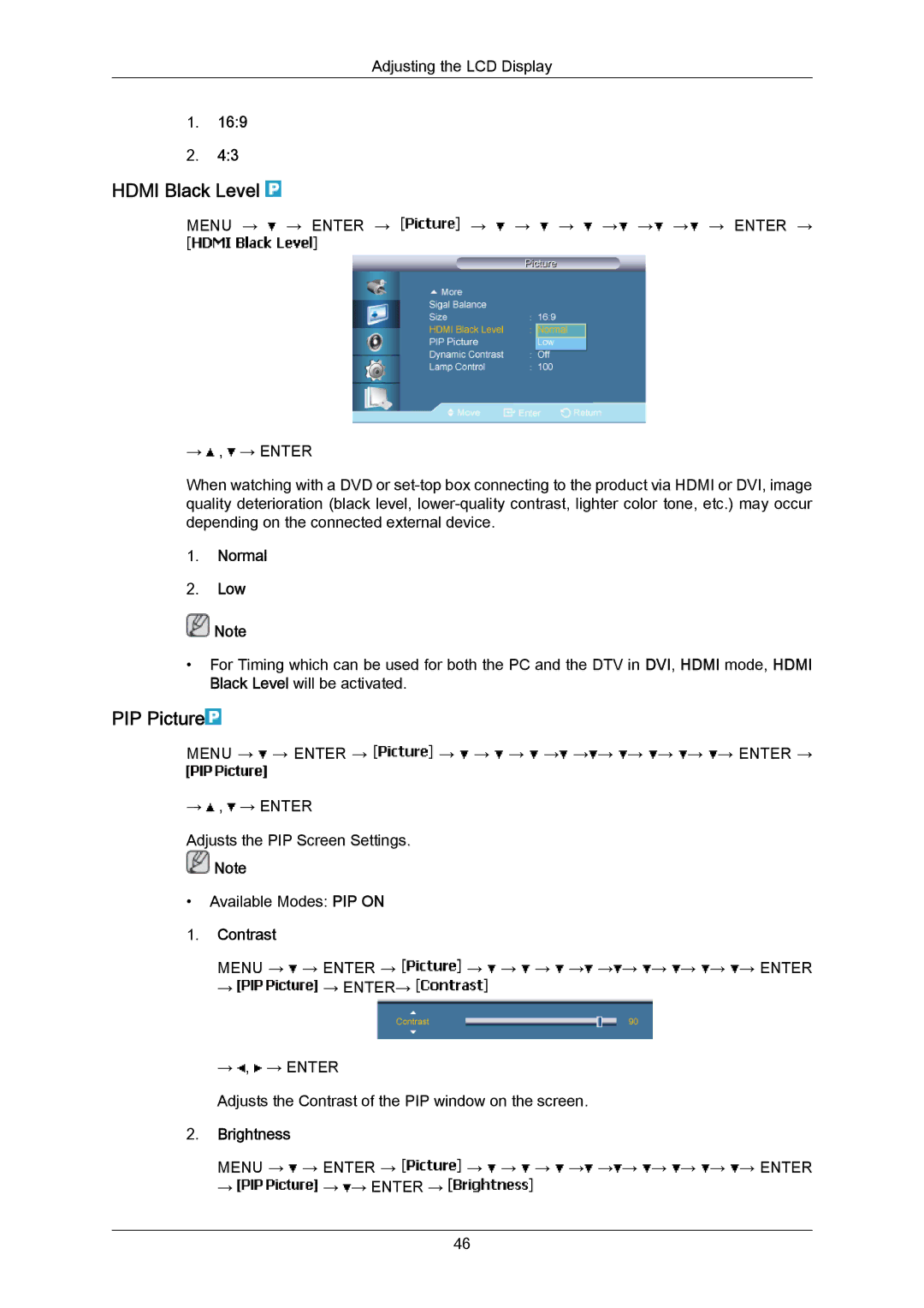 Samsung LH40MRTLBN/EN, LH40MRTLBC/EN manual Hdmi Black Level, PIP Picture, Normal Low, Contrast, Brightness 