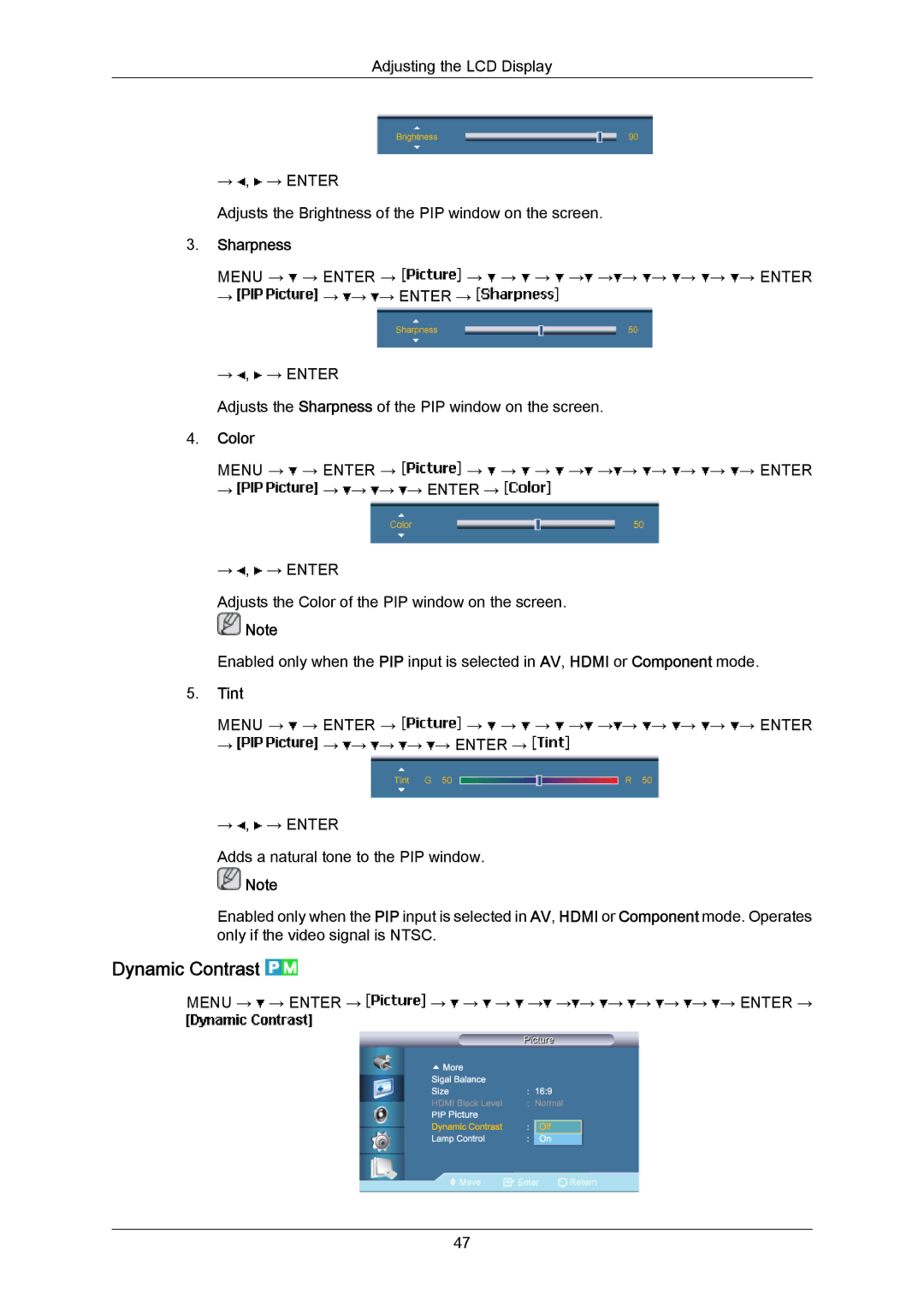 Samsung LH40MRTLBC/EN, LH40MRTLBN/EN manual Dynamic Contrast, Sharpness, Color, Tint 