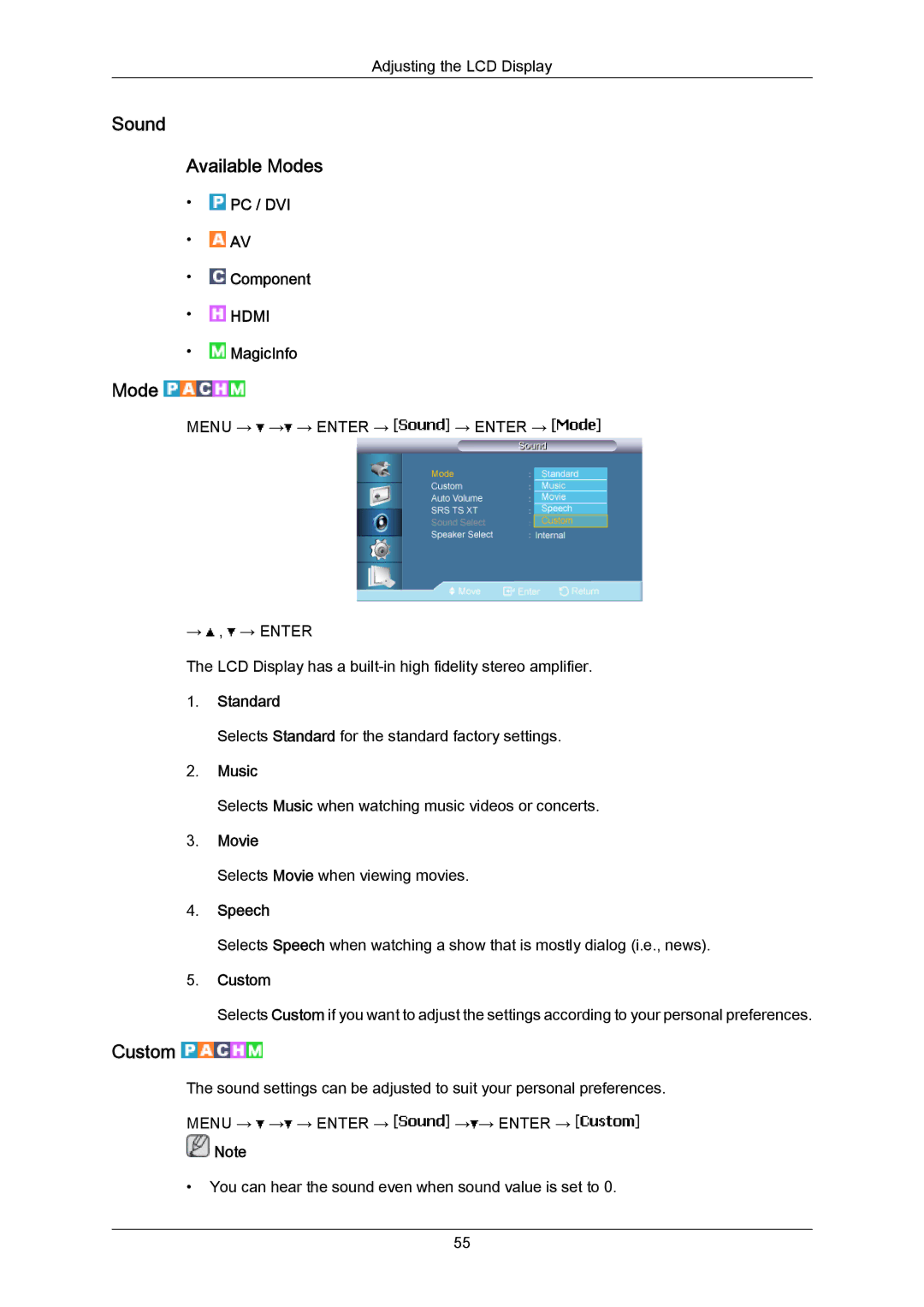 Samsung LH40MRTLBC/EN, LH40MRTLBN/EN manual Sound Available Modes, Music, Speech 