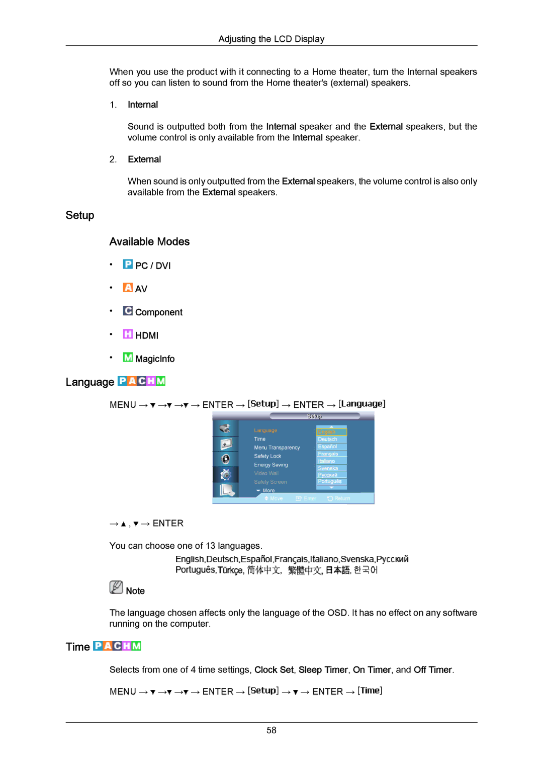 Samsung LH40MRTLBN/EN, LH40MRTLBC/EN manual Setup Available Modes, Language, Time, Internal, External 