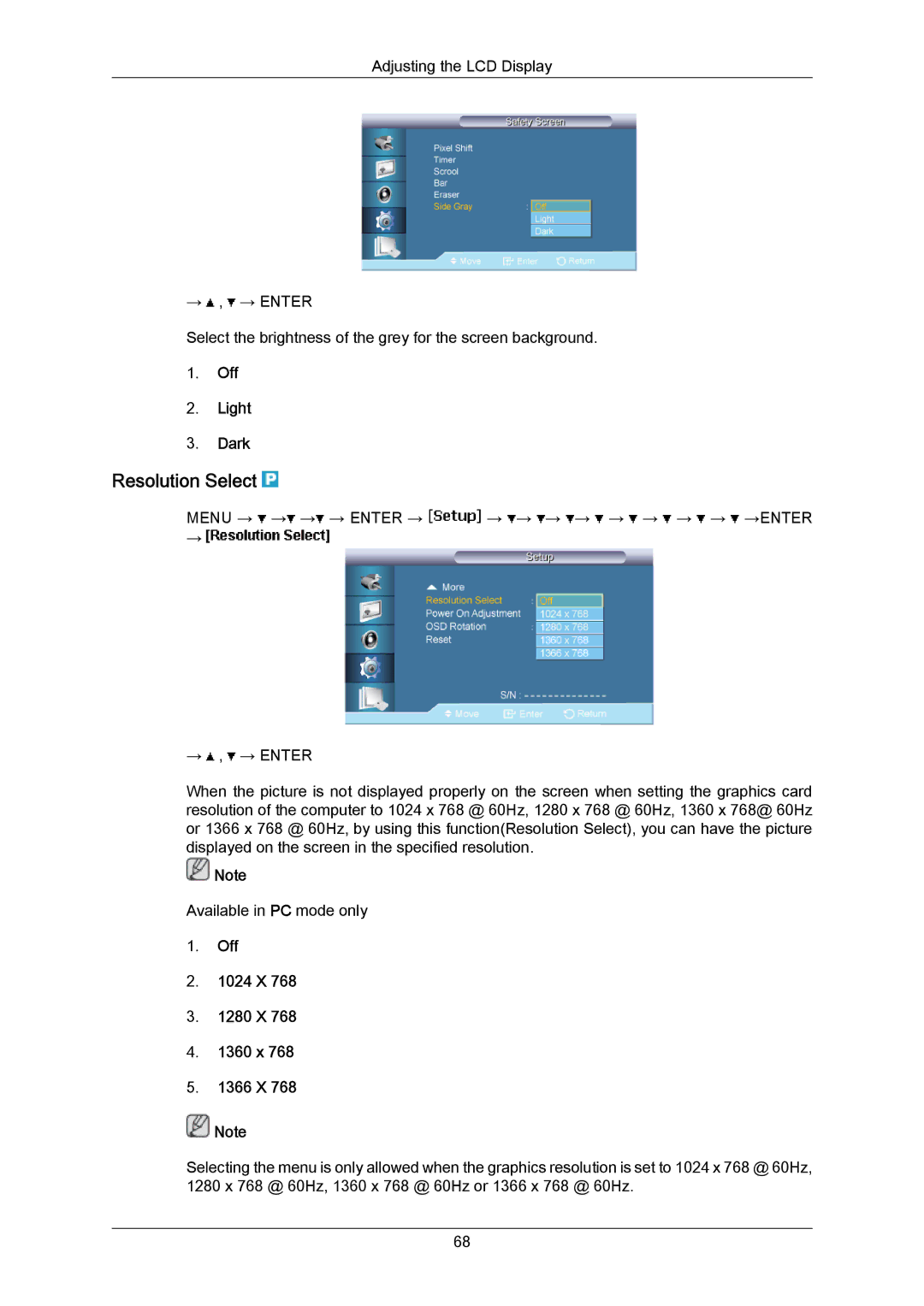 Samsung LH40MRTLBN/EN, LH40MRTLBC/EN manual Resolution Select, Off Light Dark, Off 1024 X 1280 X 1360 x 1366 X 