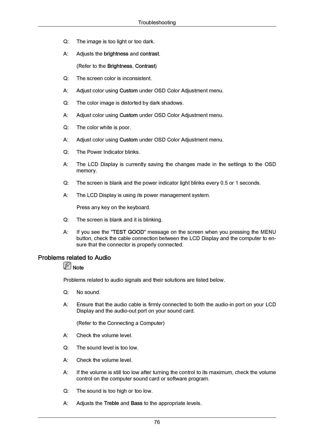 Samsung LH40MRTLBN/EN, LH40MRTLBC/EN manual Problems related to Audio 