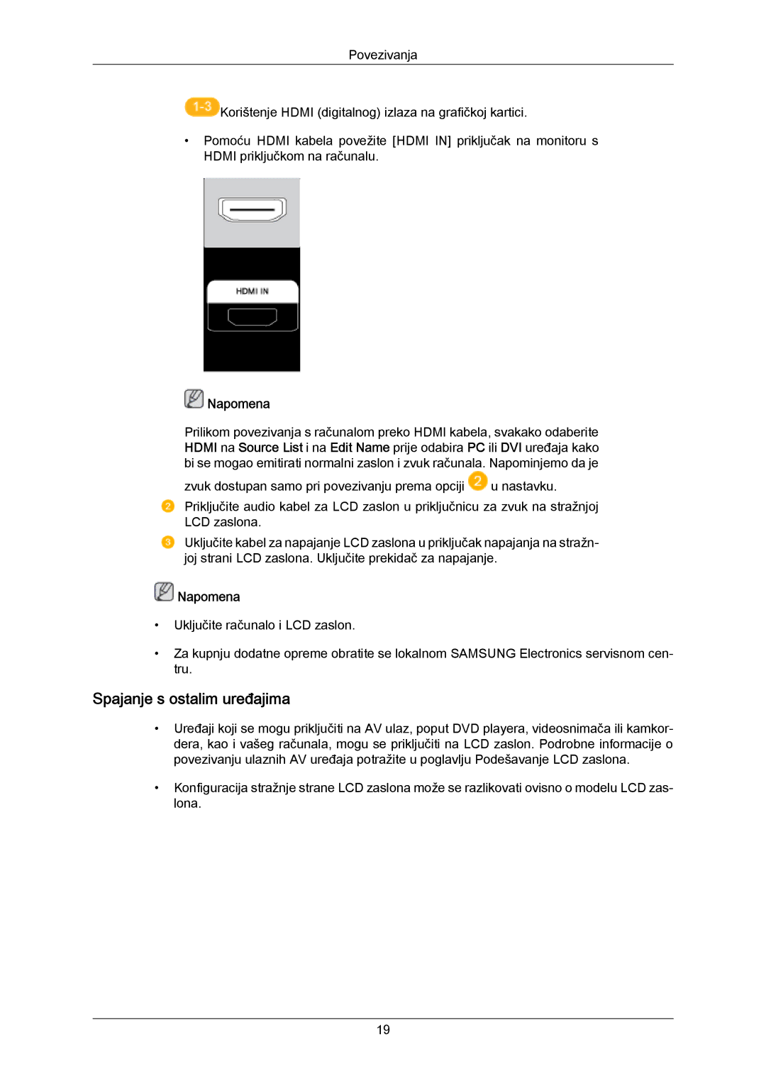 Samsung LH40MRTLBC/EN, LH40MRTLBN/EN manual Spajanje s ostalim uređajima, Napomena 