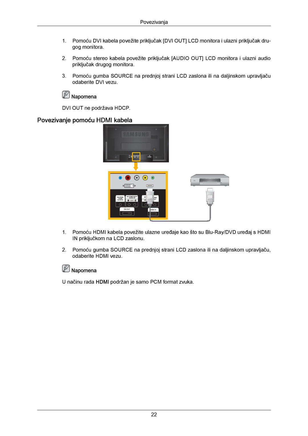 Samsung LH40MRTLBN/EN, LH40MRTLBC/EN manual Povezivanje pomoću Hdmi kabela 