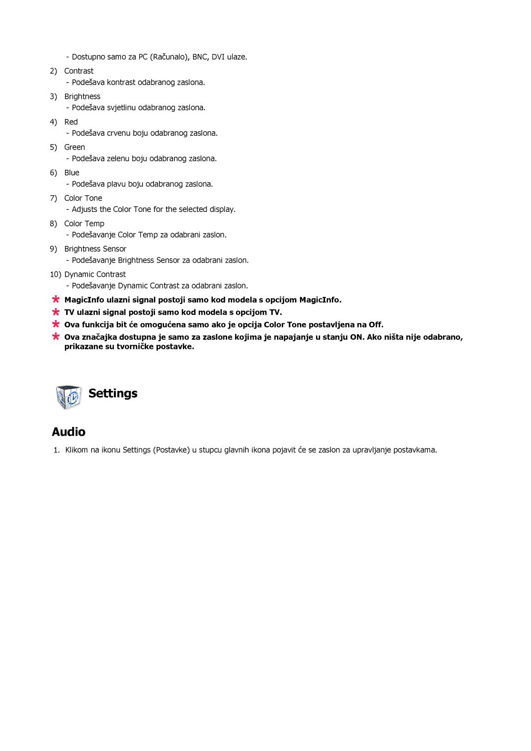 Samsung LH40MRTLBN/EN, LH40MRTLBC/EN manual Settings Audio 