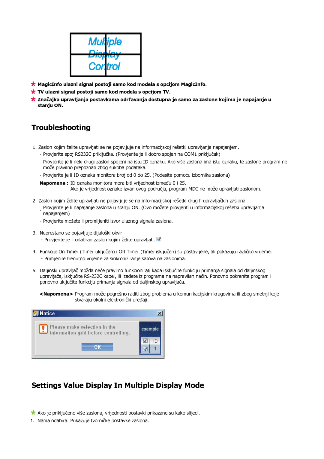 Samsung LH40MRTLBN/EN, LH40MRTLBC/EN manual Troubleshooting, Settings Value Display In Multiple Display Mode 