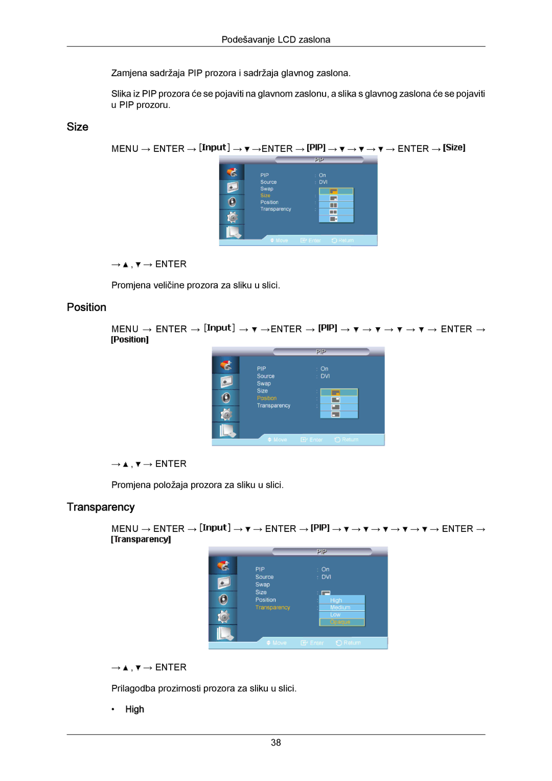 Samsung LH40MRTLBN/EN, LH40MRTLBC/EN manual Size, Position, Transparency, High 