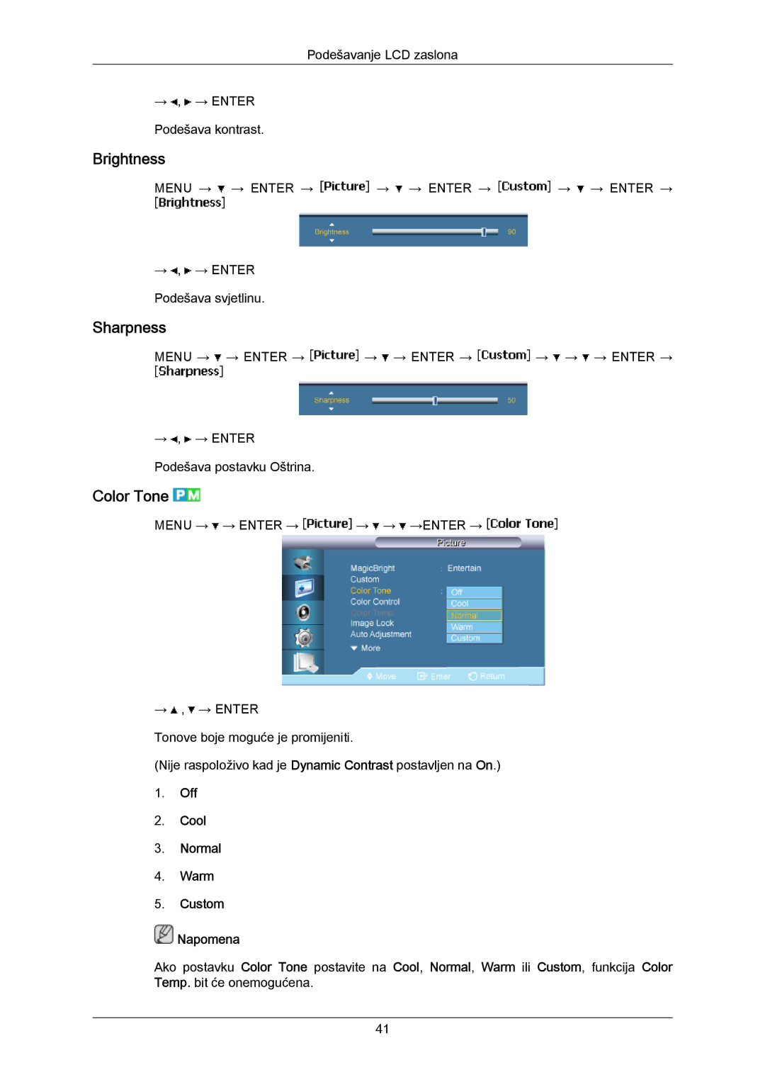 Samsung LH40MRTLBC/EN, LH40MRTLBN/EN manual Brightness, Sharpness, Color Tone, Off Cool Normal Warm Custom Napomena 