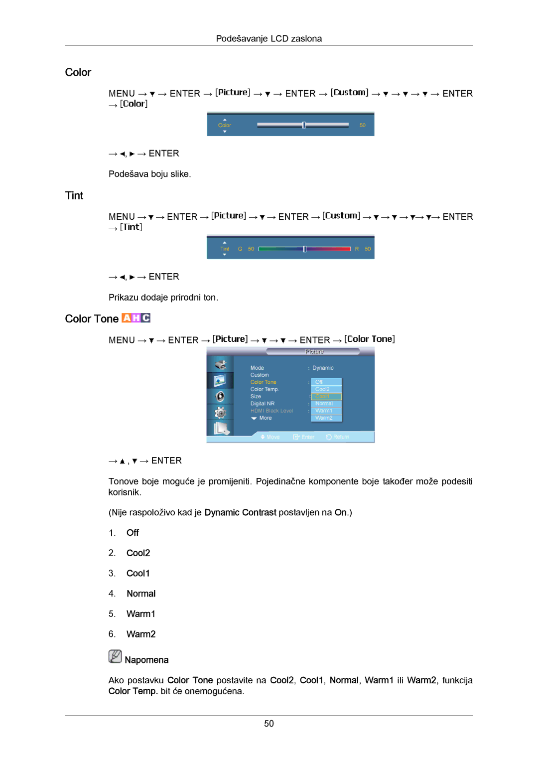 Samsung LH40MRTLBN/EN, LH40MRTLBC/EN manual Color, Tint, Off Cool2 Cool1 Normal Warm1 Warm2 Napomena 
