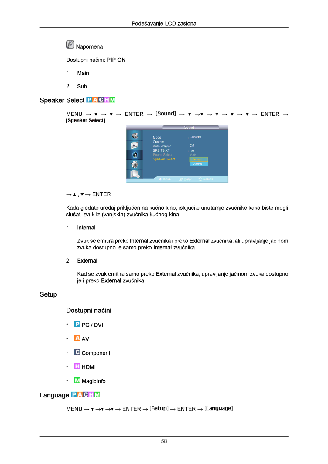 Samsung LH40MRTLBN/EN, LH40MRTLBC/EN manual Speaker Select, Setup Dostupni načini, Language 