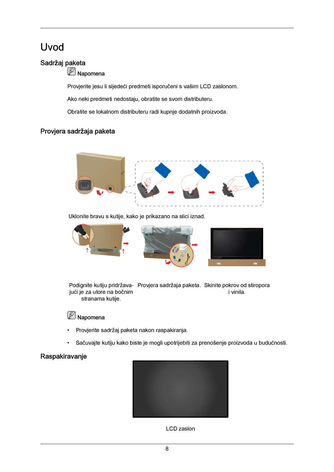 Samsung LH40MRTLBN/EN, LH40MRTLBC/EN manual Sadržaj paketa, Provjera sadržaja paketa, Raspakiravanje 