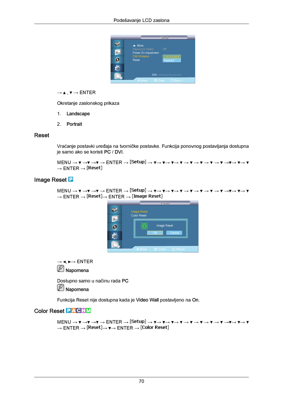 Samsung LH40MRTLBN/EN, LH40MRTLBC/EN manual Image Reset, Color Reset, Landscape Portrait 