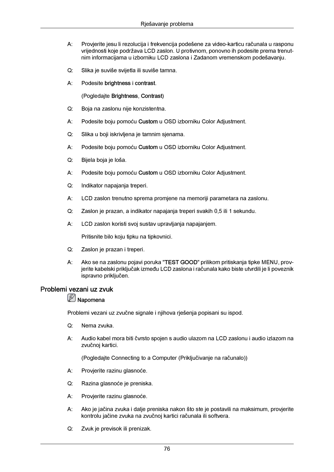 Samsung LH40MRTLBN/EN, LH40MRTLBC/EN manual Problemi vezani uz zvuk 