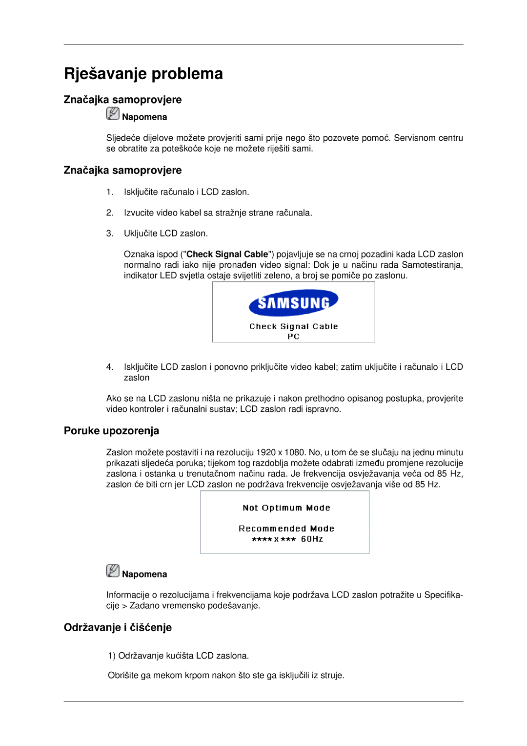 Samsung LH40MRTLBC/EN, LH46MRTLBC/EN, LH46MSTLBB/EN manual Značajka samoprovjere, Poruke upozorenja, Održavanje i čišćenje 