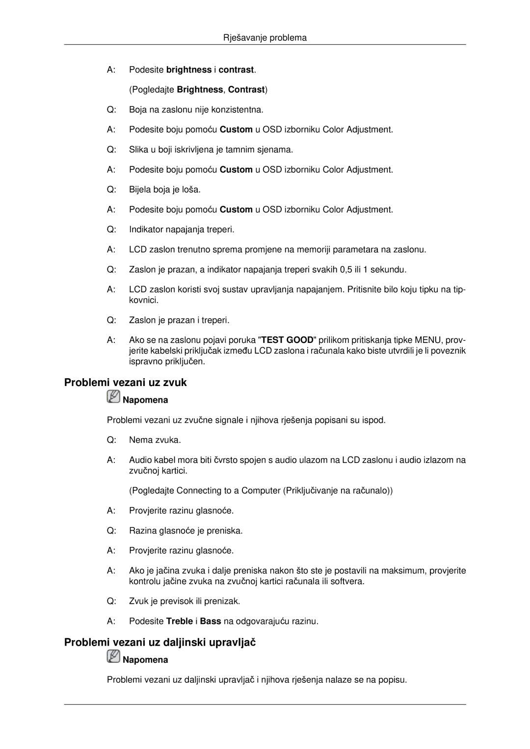 Samsung LH40MRTLBC/EN, LH46MRTLBC/EN, LH46MSTLBB/EN manual Problemi vezani uz zvuk, Problemi vezani uz daljinski upravljač 