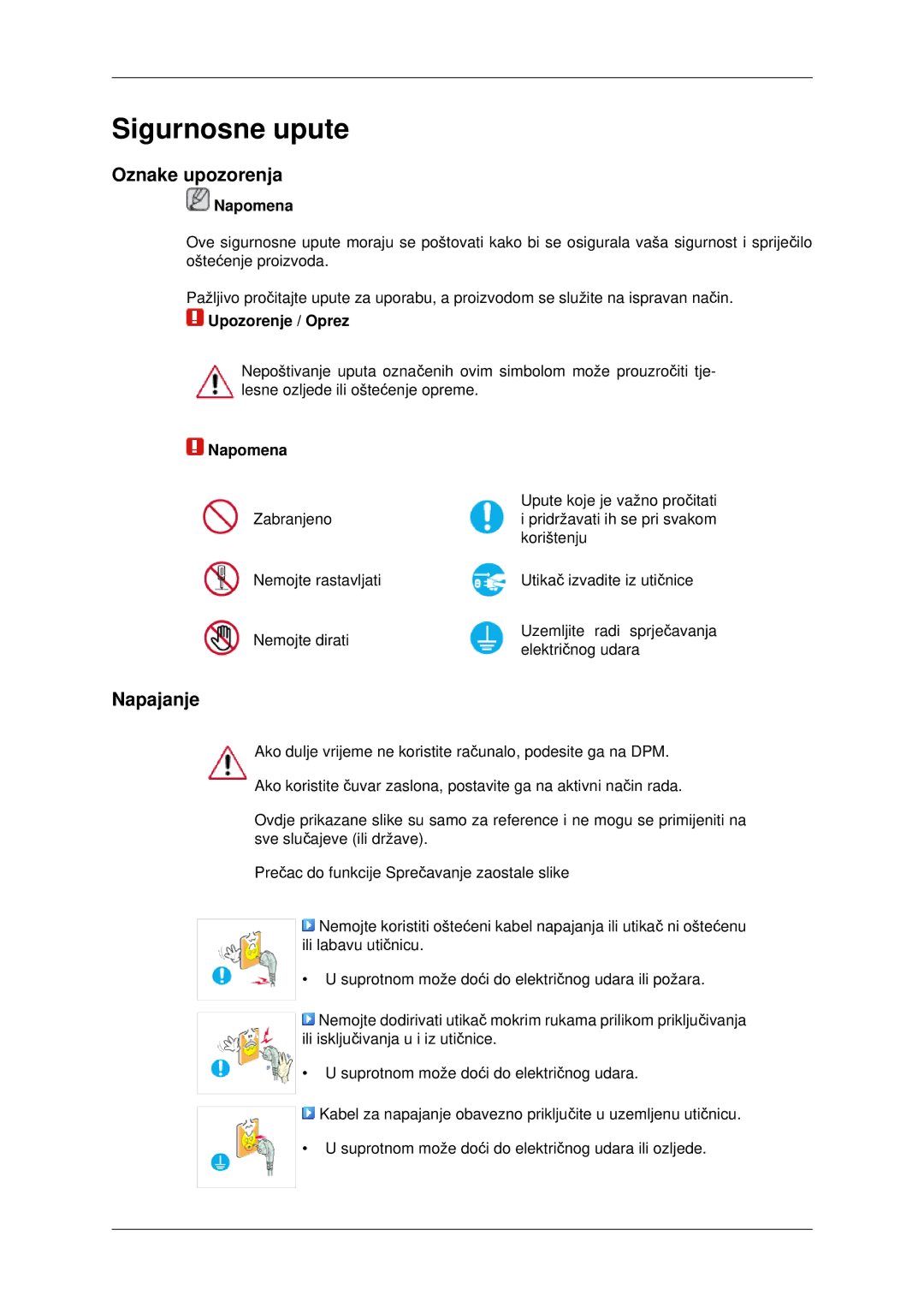 Samsung LH46MSTLBB/EN, LH40MRTLBC/EN, LH46MRTLBC/EN manual Oznake upozorenja, Napajanje, Napomena, Upozorenje / Oprez 