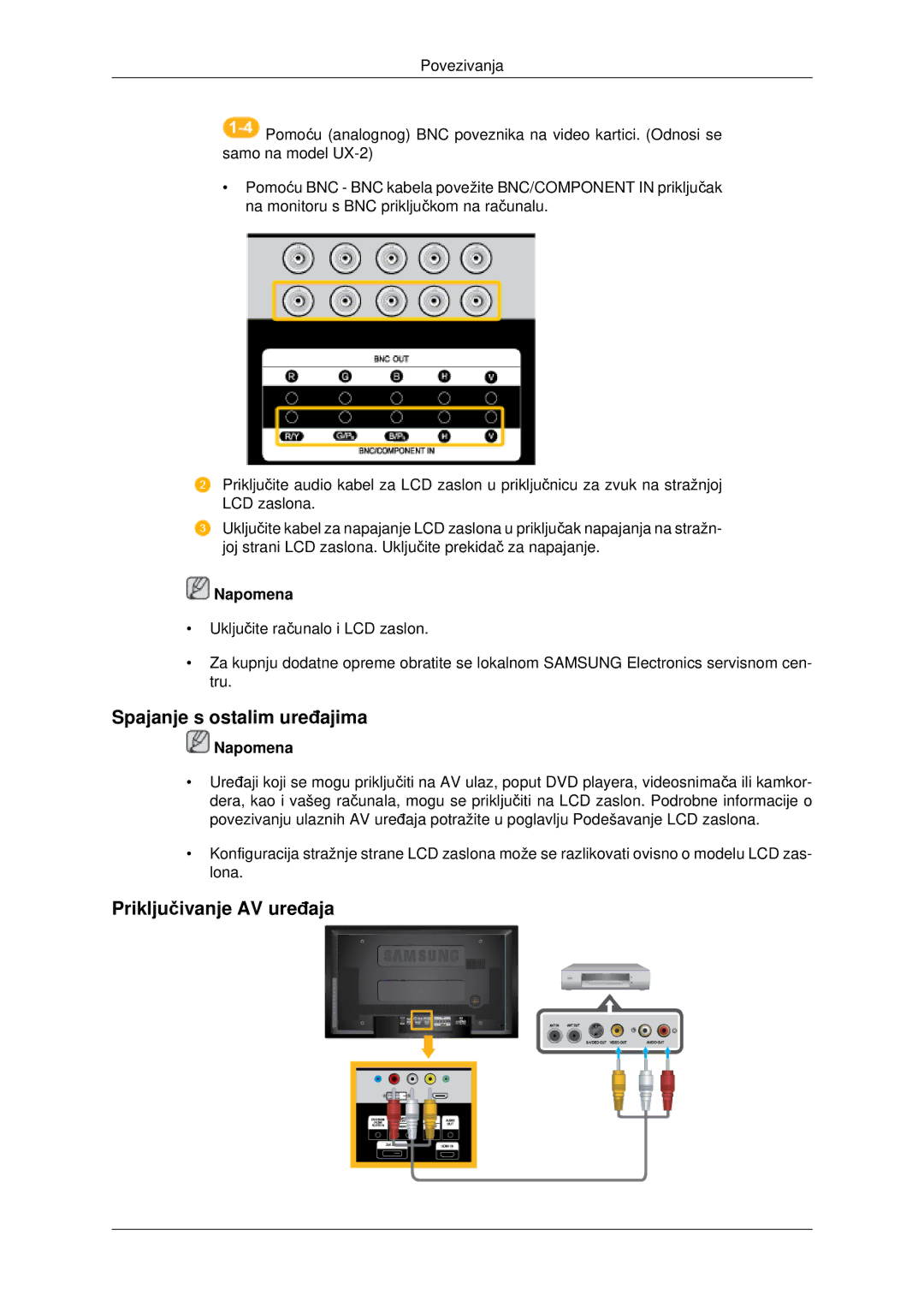 Samsung LH46MRTLBC/EN, LH40MRTLBC/EN, LH46MSTLBB/EN manual Spajanje s ostalim uređajima, Priključivanje AV uređaja 