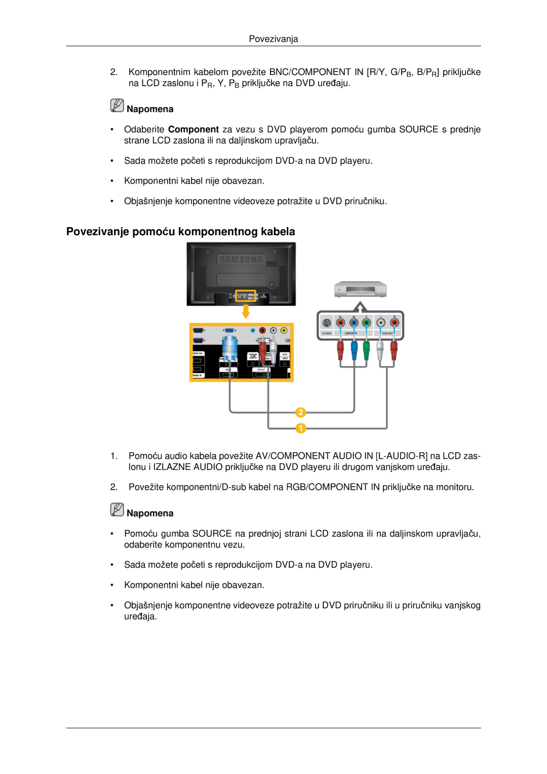 Samsung LH40MRTLBC/EN, LH46MRTLBC/EN, LH46MSTLBB/EN manual Povezivanje pomoću komponentnog kabela 