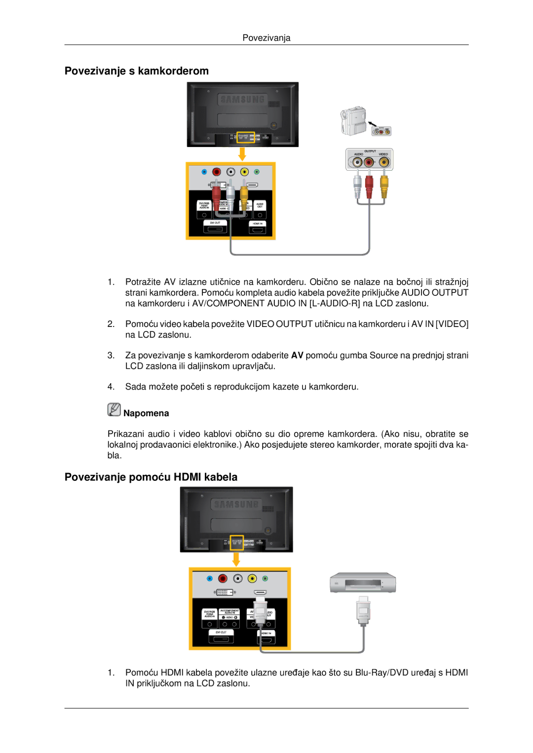 Samsung LH46MRTLBC/EN, LH40MRTLBC/EN, LH46MSTLBB/EN manual Povezivanje s kamkorderom, Povezivanje pomoću Hdmi kabela 