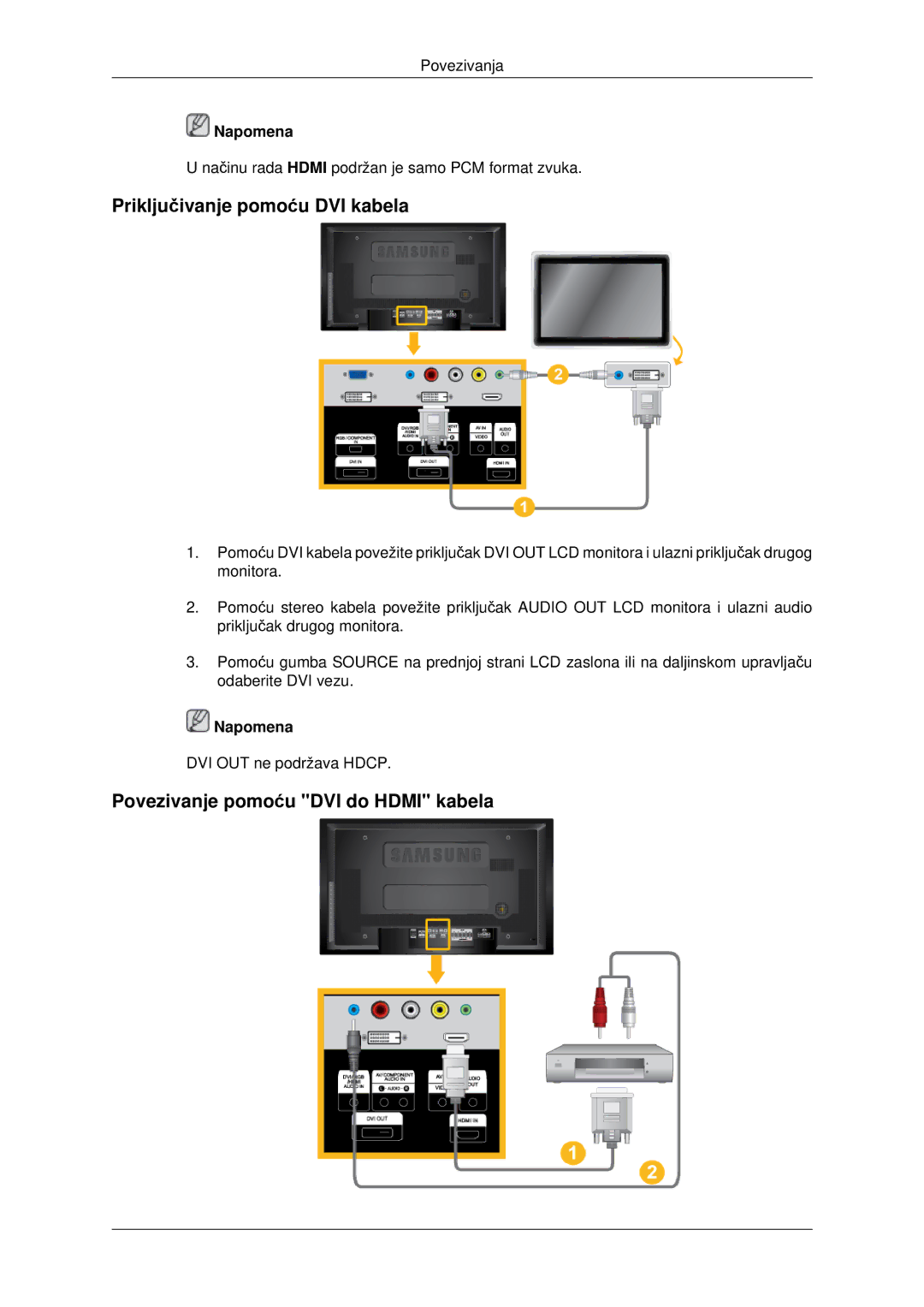 Samsung LH46MSTLBB/EN, LH40MRTLBC/EN, LH46MRTLBC/EN Priključivanje pomoću DVI kabela, Povezivanje pomoću DVI do Hdmi kabela 