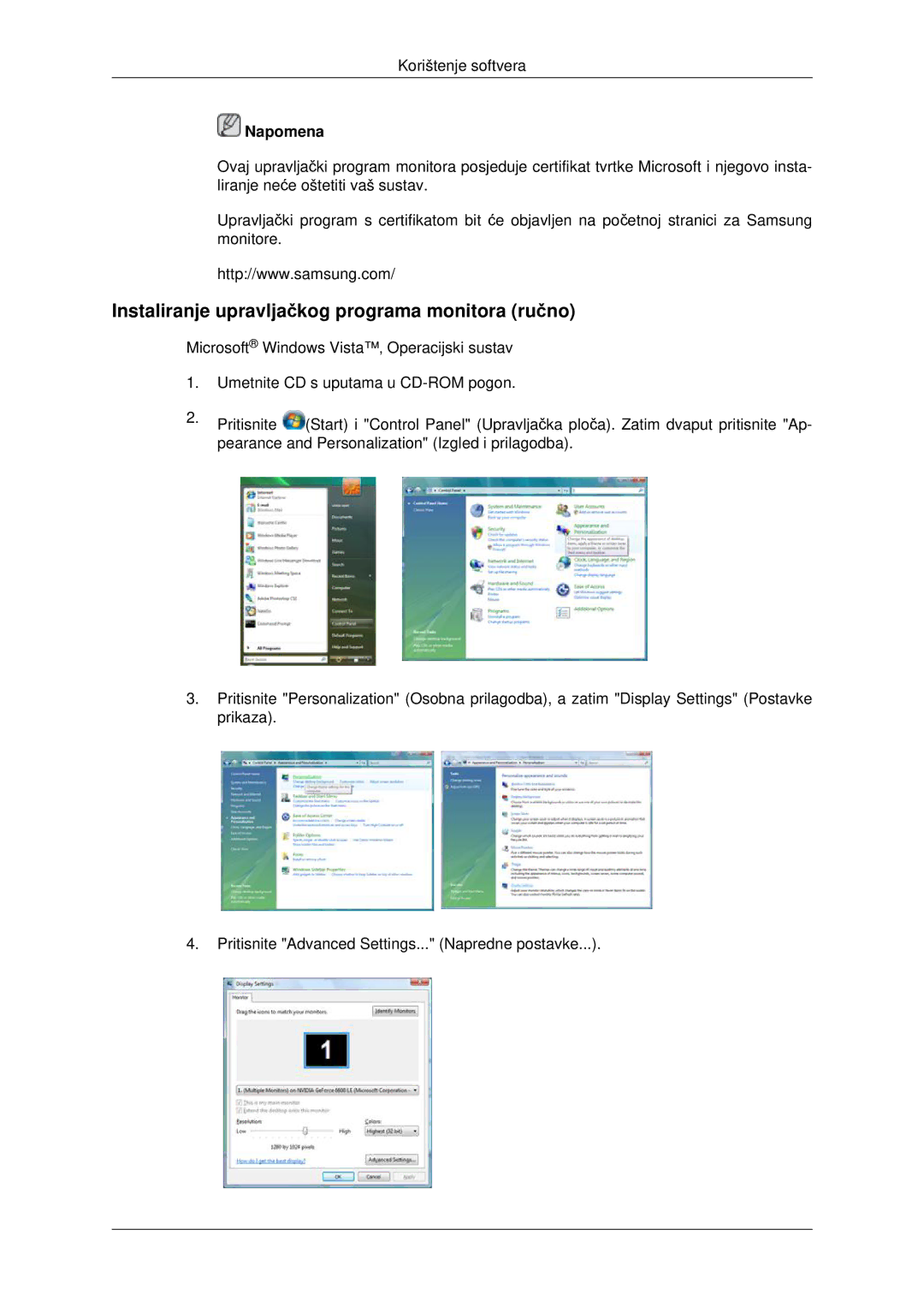 Samsung LH46MRTLBC/EN, LH40MRTLBC/EN, LH46MSTLBB/EN manual Instaliranje upravljačkog programa monitora ručno 