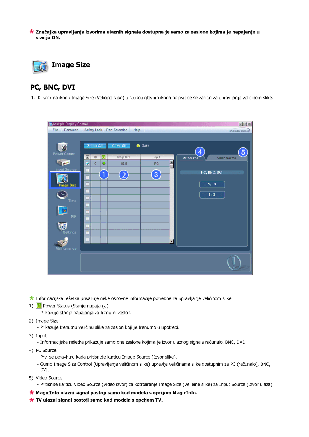 Samsung LH46MSTLBB/EN, LH40MRTLBC/EN, LH46MRTLBC/EN manual Image Size, Pc, Bnc, Dvi 