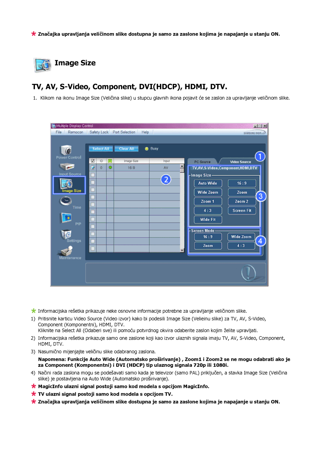 Samsung LH40MRTLBC/EN, LH46MRTLBC/EN, LH46MSTLBB/EN manual Image Size TV, AV, S-Video, Component, DVIHDCP, HDMI, DTV 