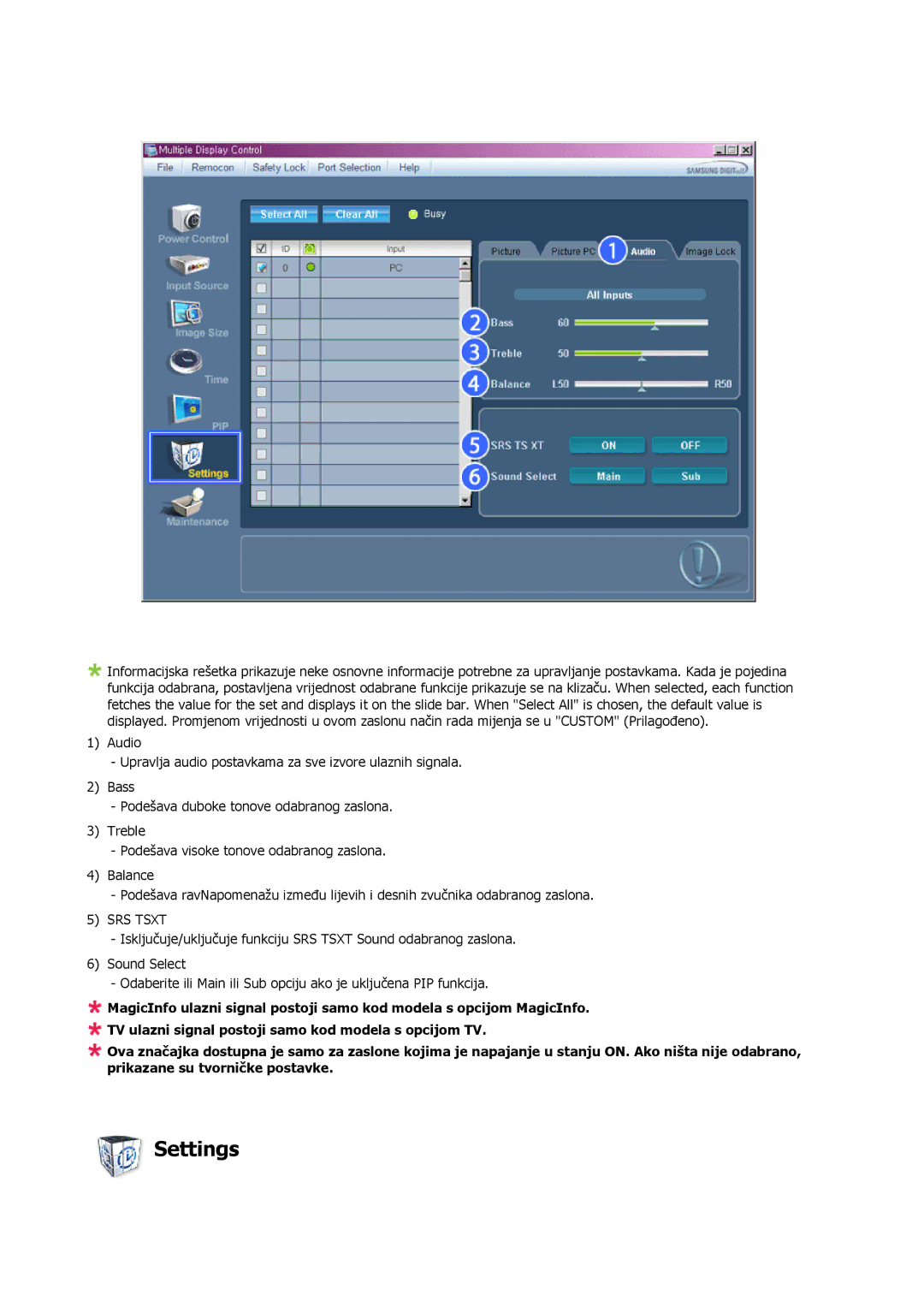 Samsung LH46MRTLBC/EN, LH40MRTLBC/EN, LH46MSTLBB/EN manual Settings, SRS Tsxt 