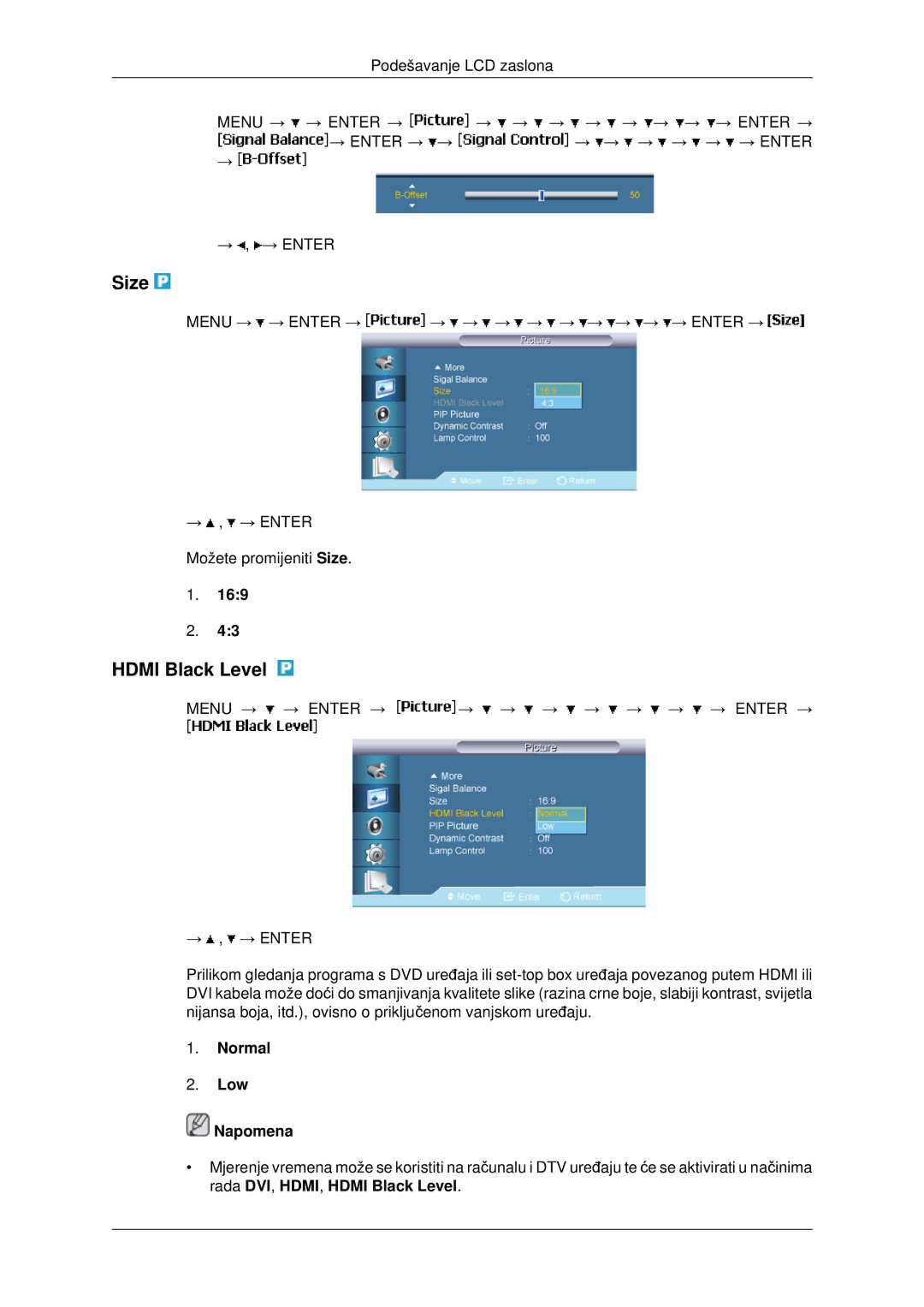 Samsung LH40MRTLBC/EN, LH46MRTLBC/EN, LH46MSTLBB/EN manual Size, Hdmi Black Level, Normal Low Napomena 