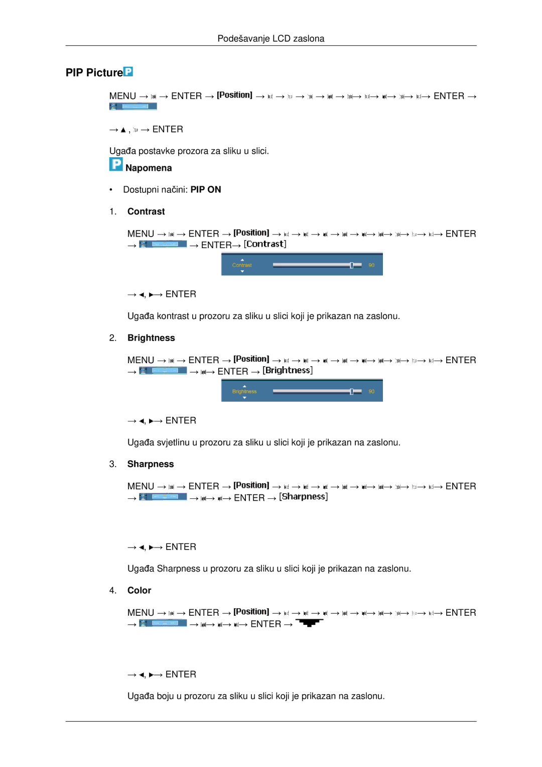 Samsung LH46MRTLBC/EN, LH40MRTLBC/EN, LH46MSTLBB/EN manual PIP Picture, Contrast, Brightness, Sharpness, Color 